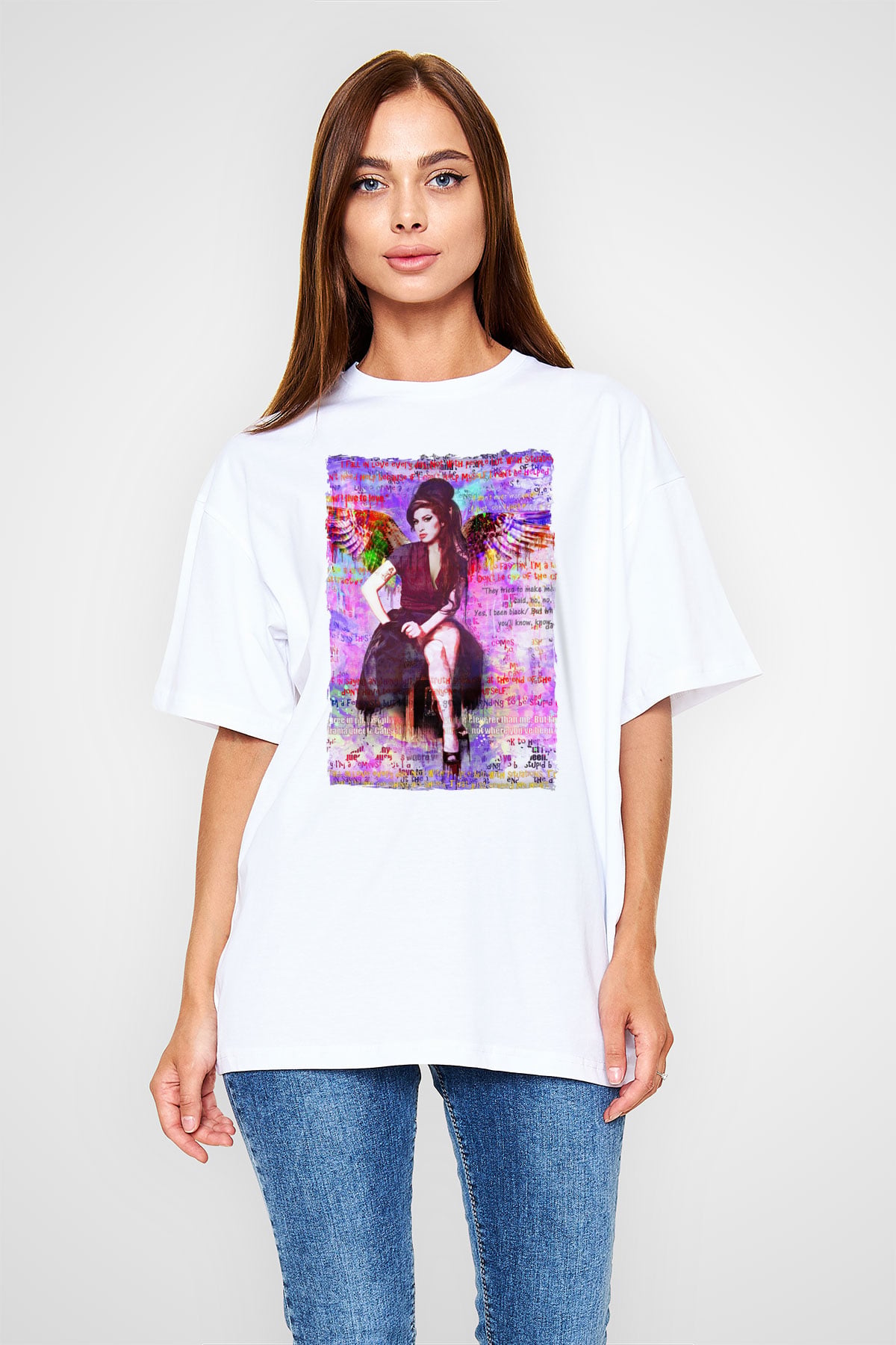 Amy Winehouse Beyaz Oversize Tişört Oversize T-shirt - TişörtFabrikası