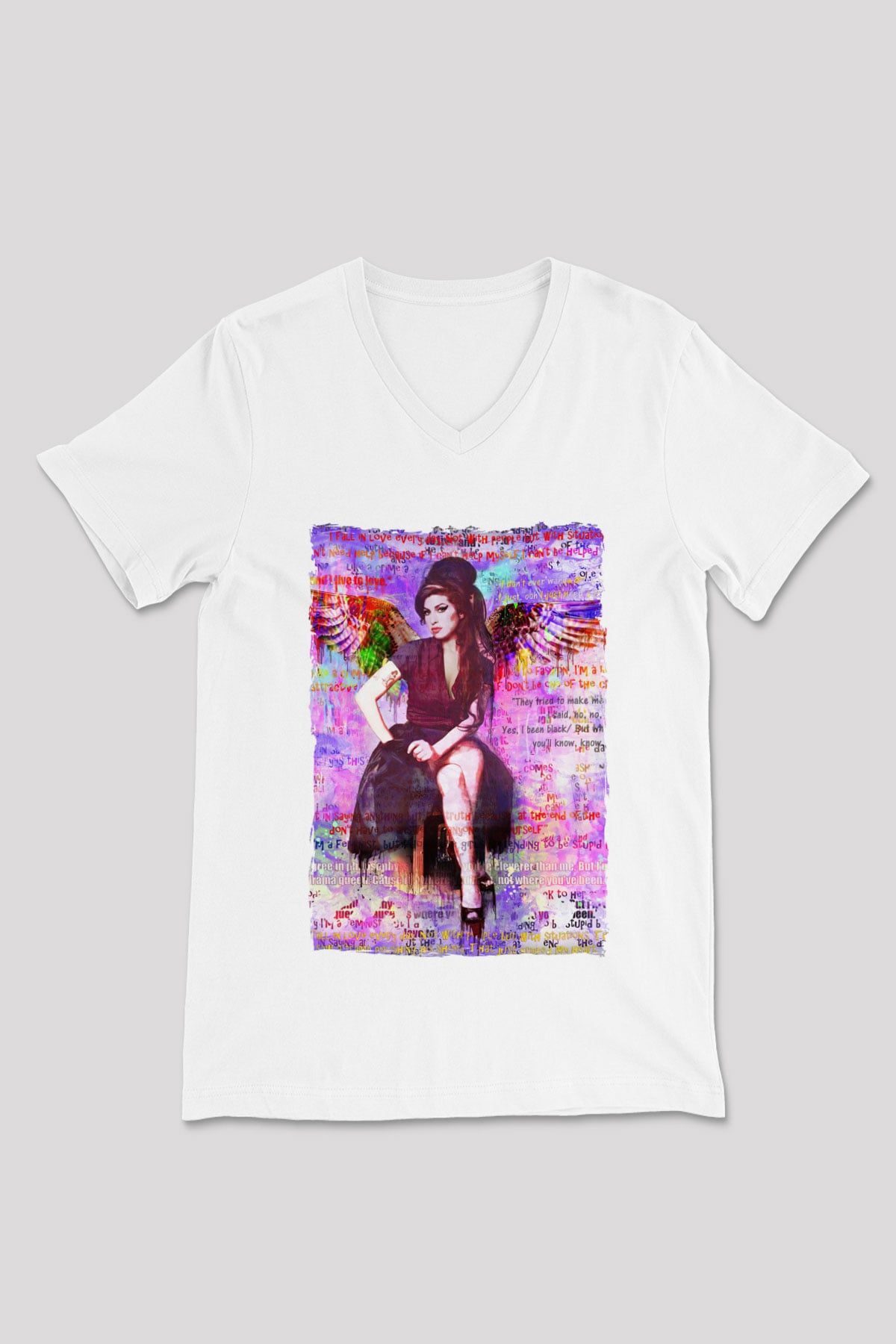 Amy Winehouse Beyaz Unisex V Yaka Tişört
