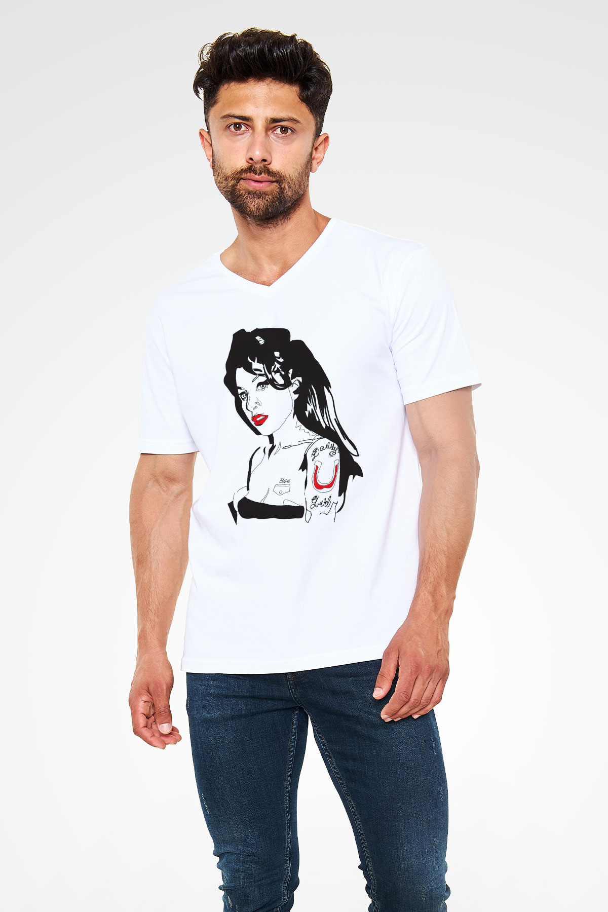 Amy Winehouse Beyaz Unisex V Yaka Tişört