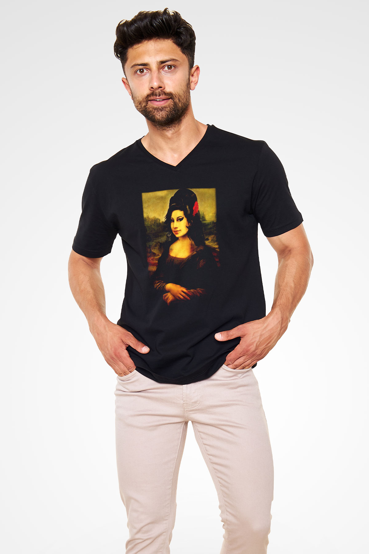 Amy Winehouse Siyah Unisex V Yaka Tişört T-Shirt