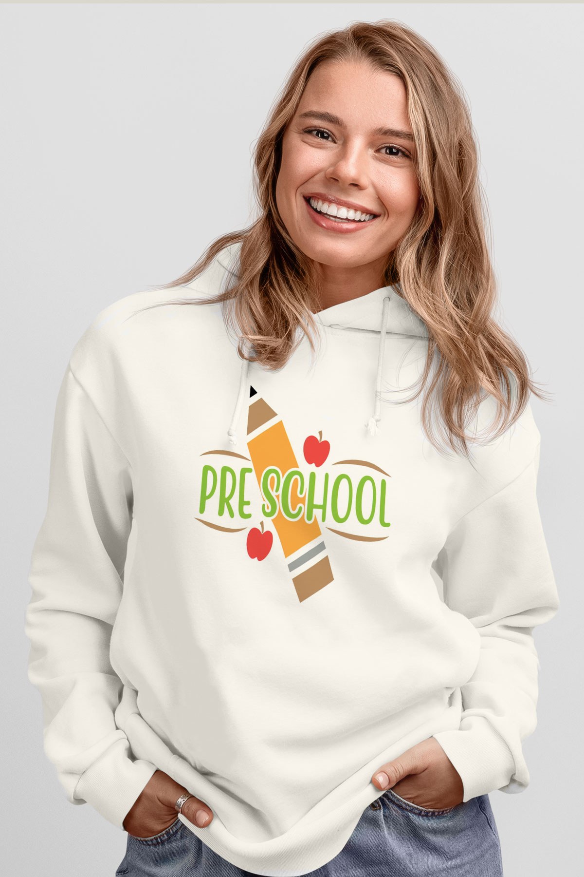 Ana okulu Beyaz Unisex Kapüşonlu Sweatshirt