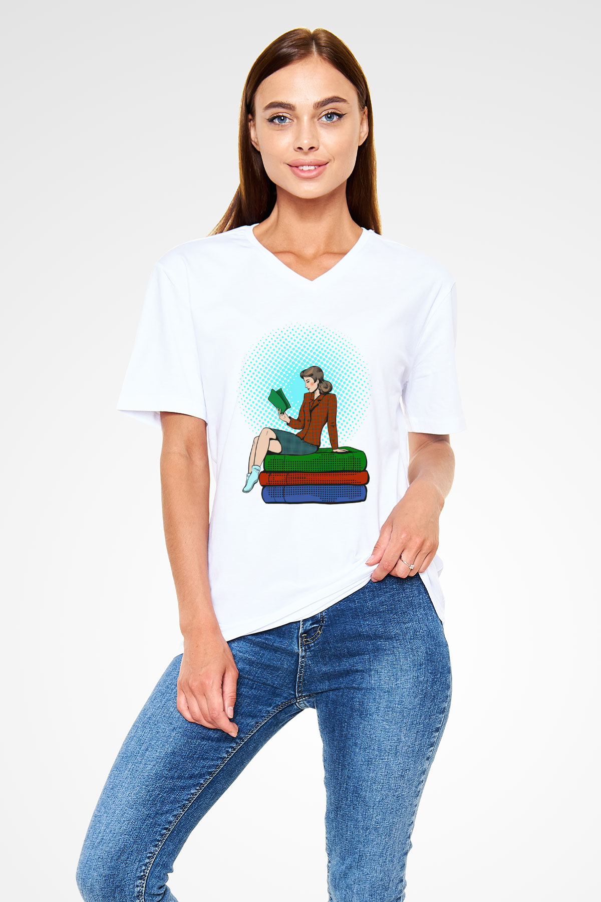Ana okulu Beyaz Unisex V Yaka Tişört