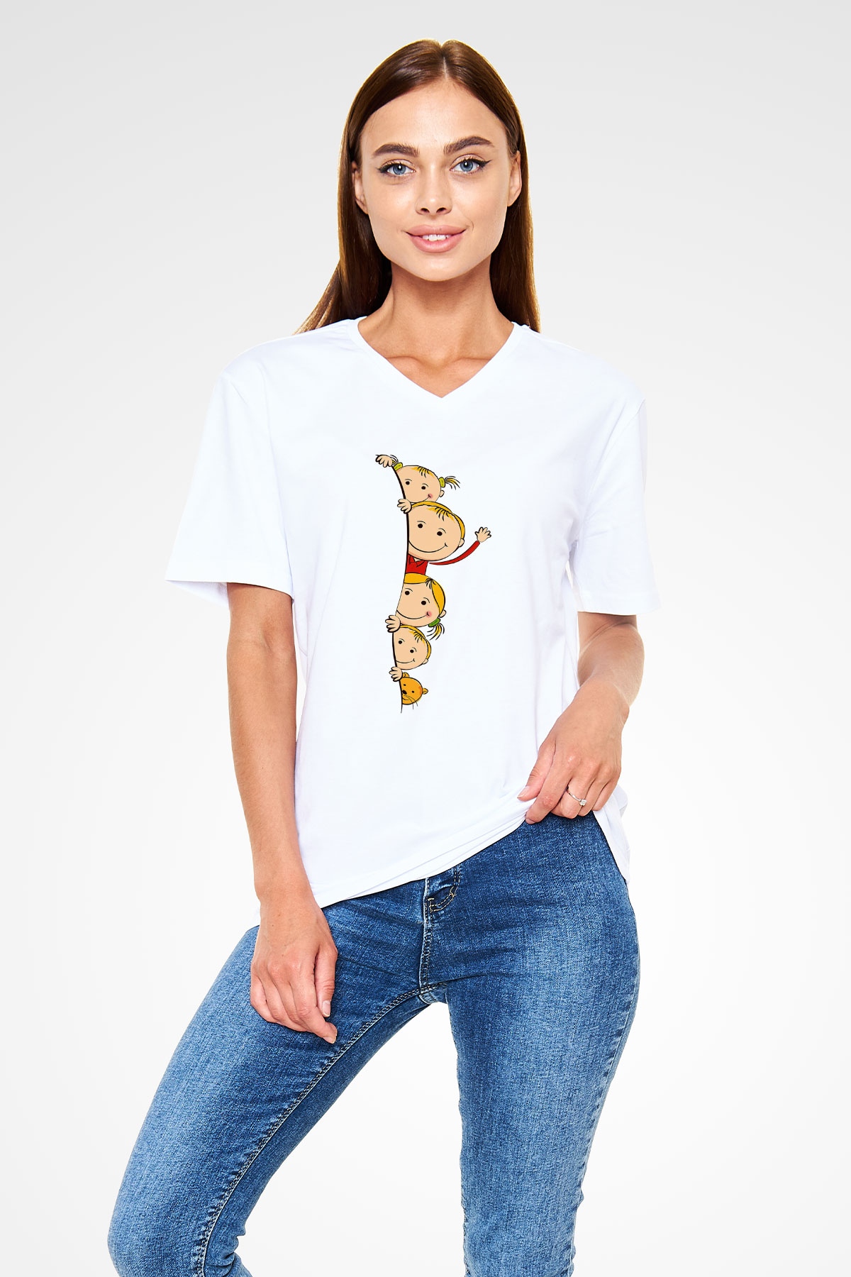 Ana okulu Beyaz Unisex V Yaka Tişört T-Shirt