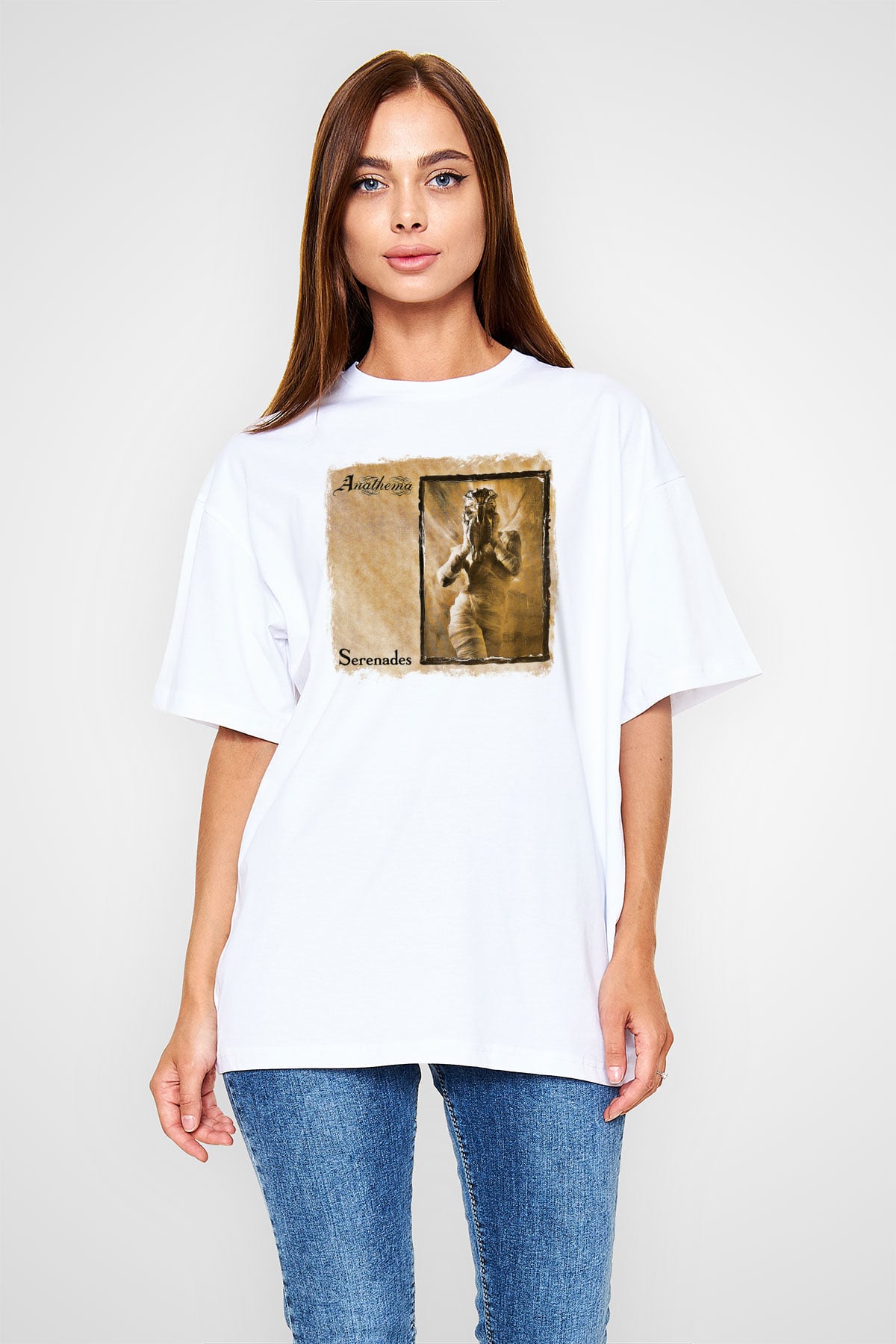 Anathema Baskılı Unisex Beyaz Oversize Tişört
