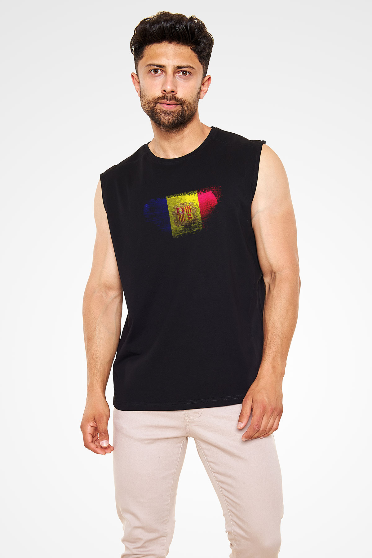 Andorra Bayrağı Baskılı Unisex Siyah Kolsuz Tişört