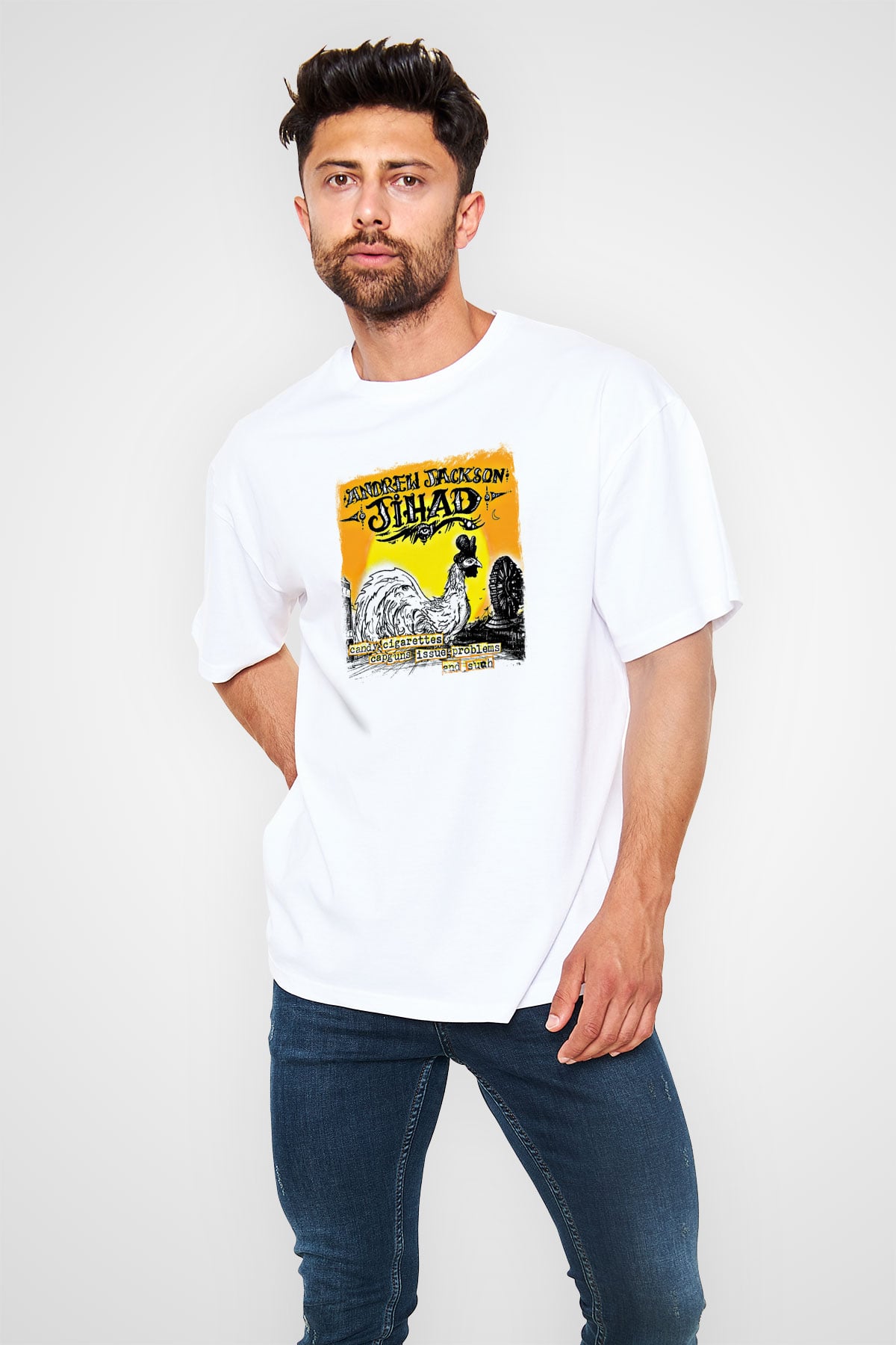Andrew Jackson Jihad Baskılı Unisex Beyaz Oversize Tişört
