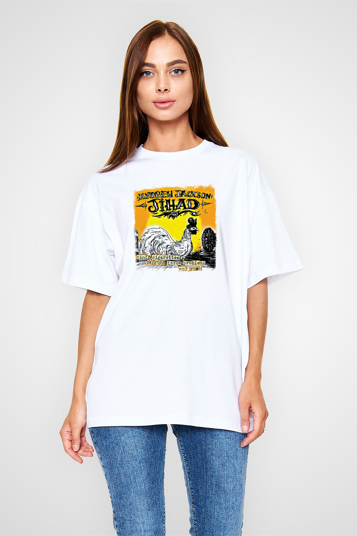 Andrew Jackson Jihad Baskılı Unisex Beyaz Oversize Tişört