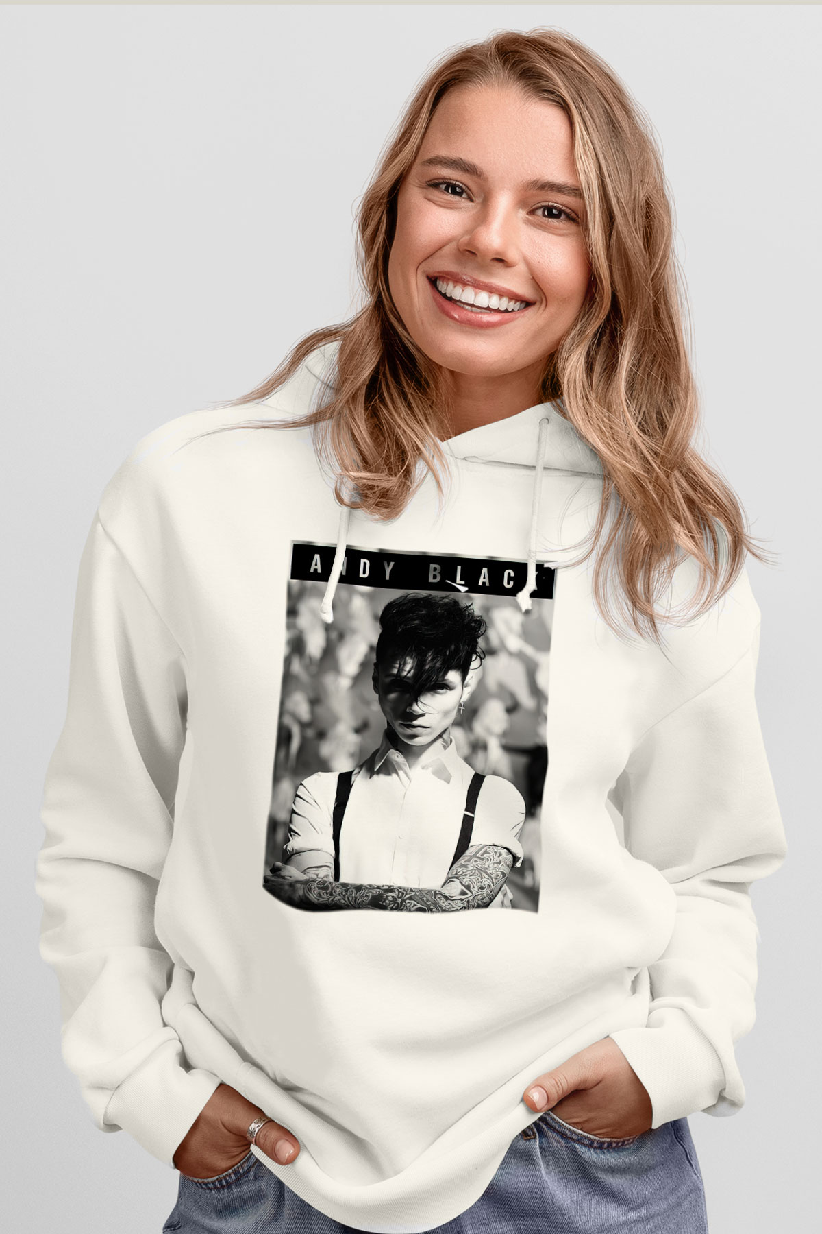 Andy Black Beyaz Unisex Kapşonlu Sweatshirt