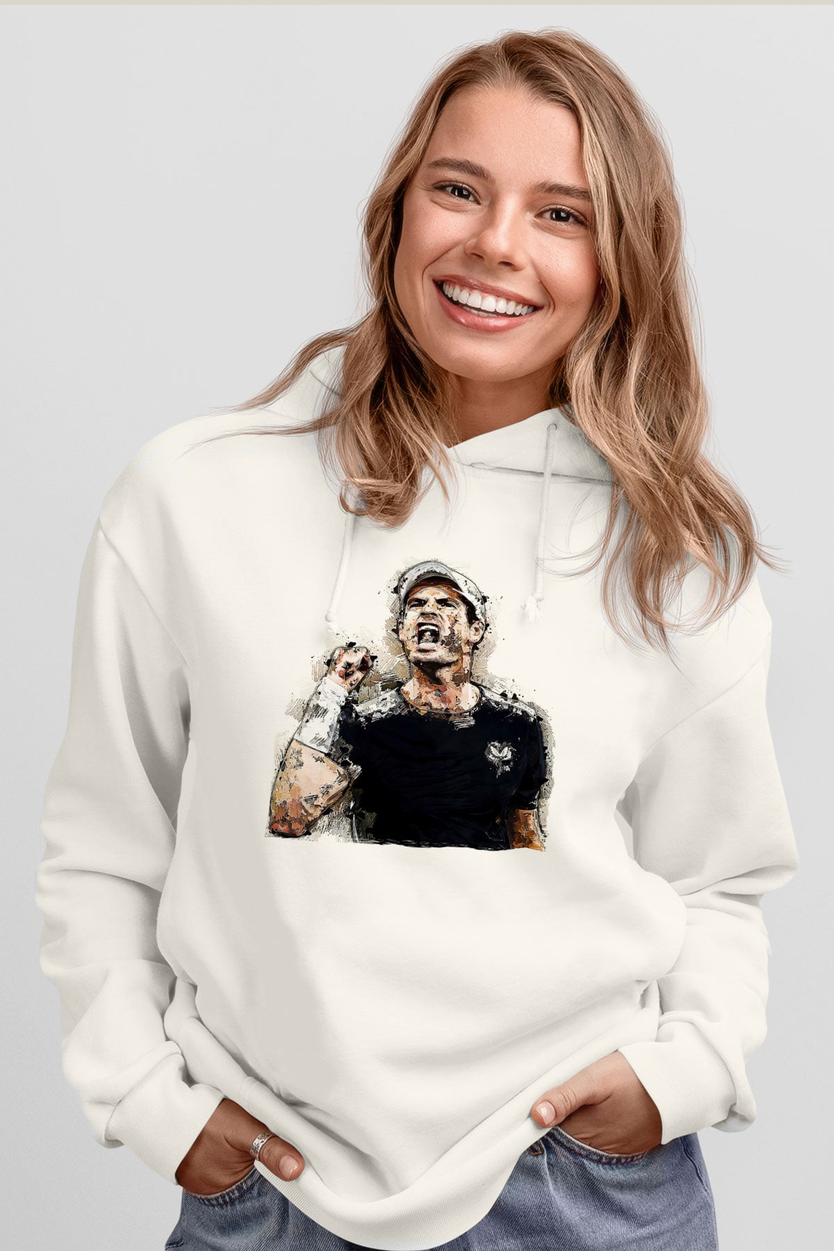 Andy Murray Baskılı Beyaz Unisex Kapüşonlu Sweatshirt