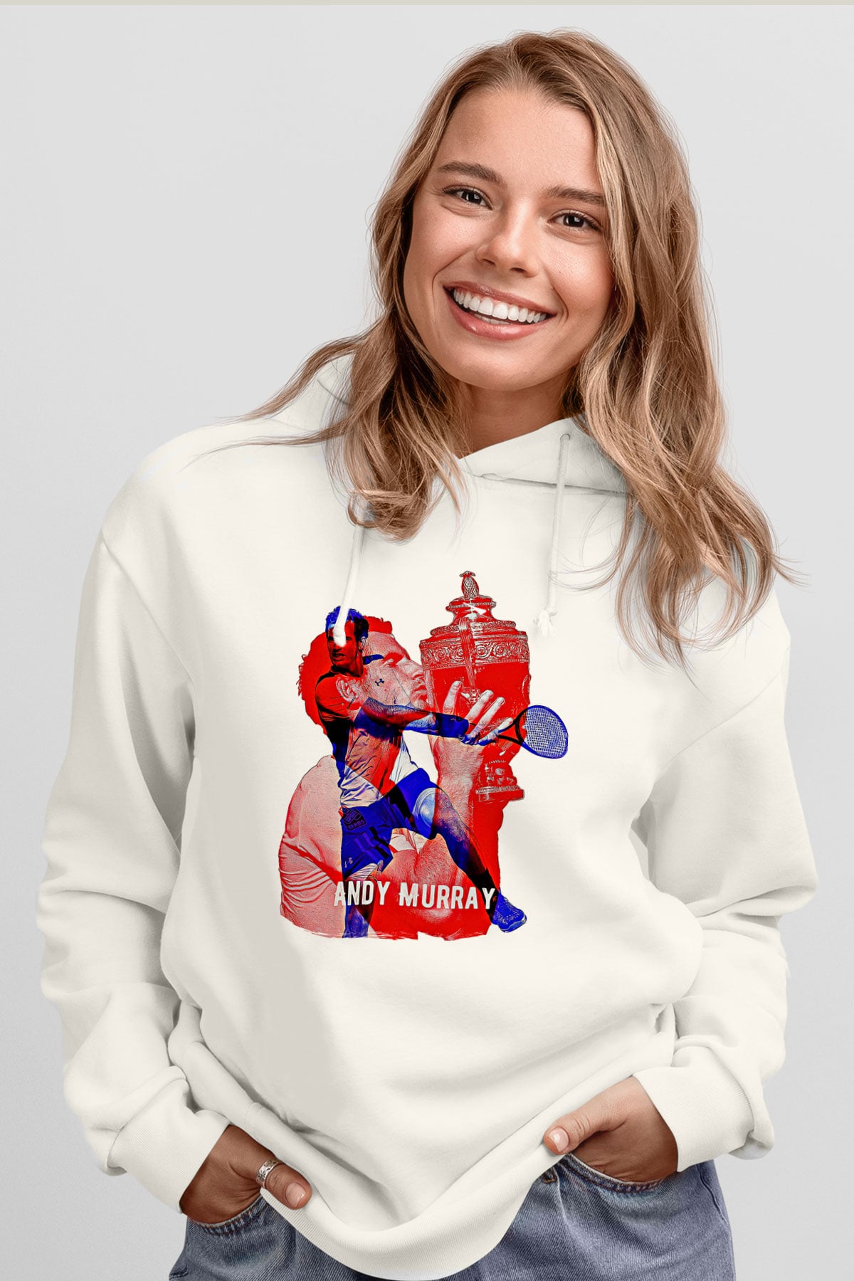 Andy Murray Baskılı Beyaz Unisex Kapüşonlu Sweatshirt