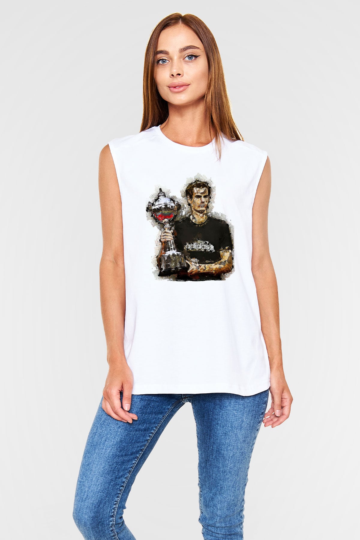 Andy Murray Baskılı Beyaz Unisex Kolsuz Tişört - Tshirt