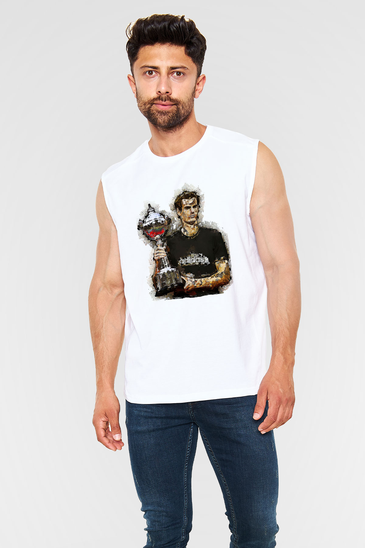 Andy Murray Baskılı Beyaz Unisex Kolsuz Tişört - Tshirt