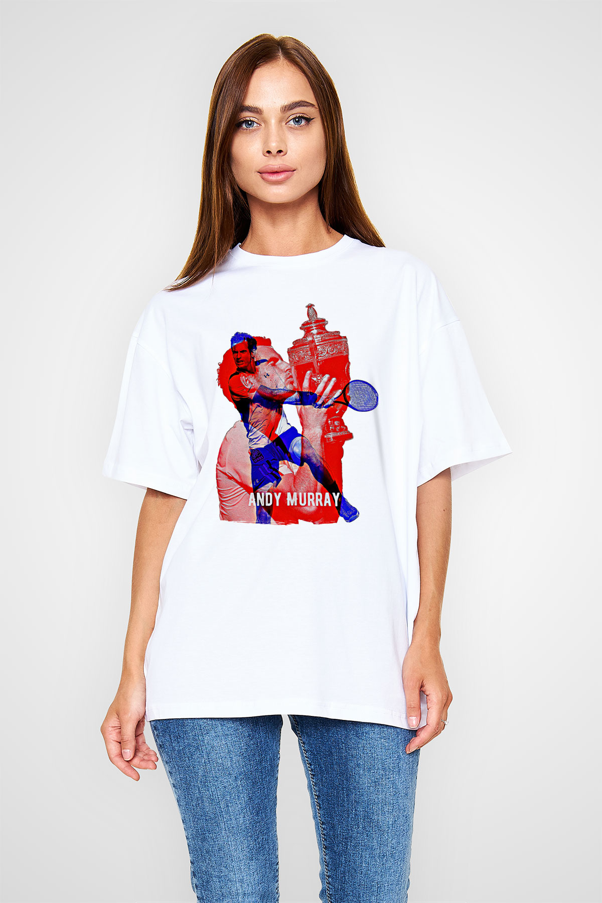 Andy Murray Baskılı Beyaz Unisex Oversize Tişört - Tshirt