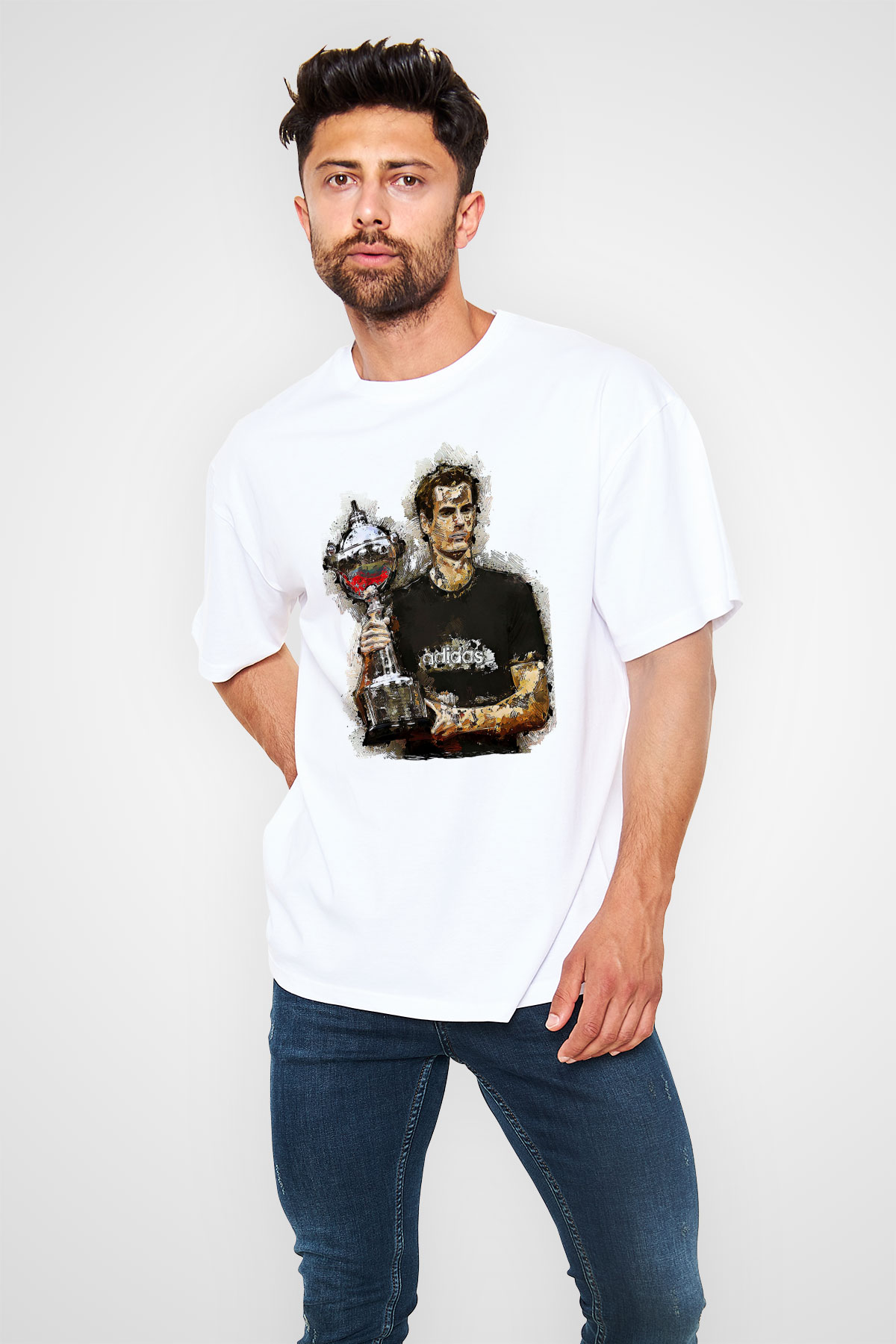 Andy Murray Baskılı Beyaz Unisex Oversize Tişört - Tshirt