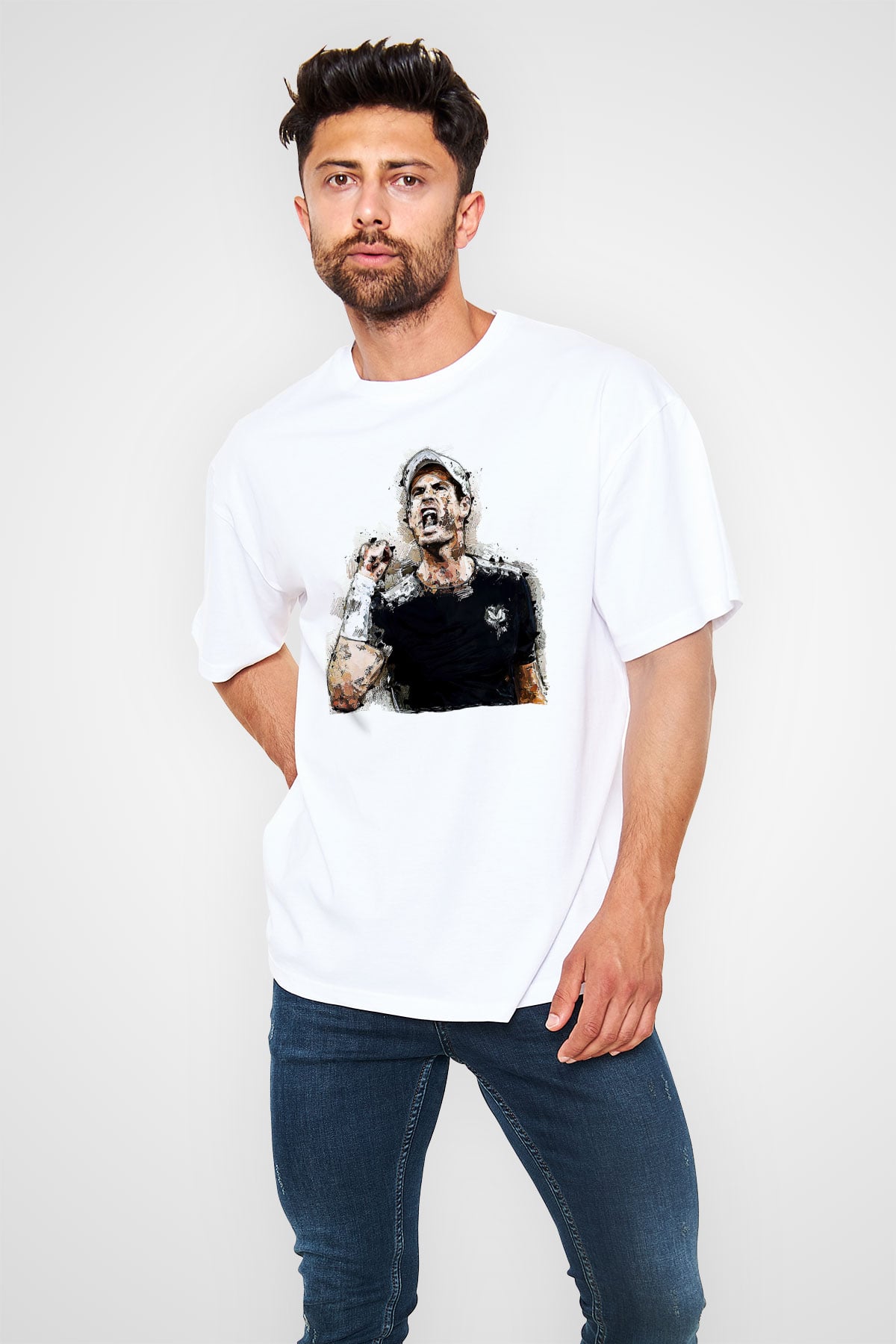 Andy Murray Baskılı Beyaz Unisex Oversize Tişört - Tshirt