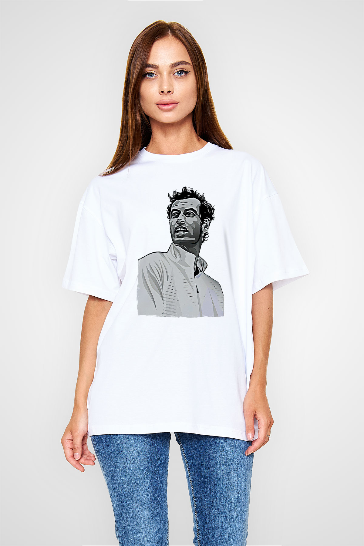 Andy Murray Baskılı Beyaz Unisex Oversize Tişört - Tshirt