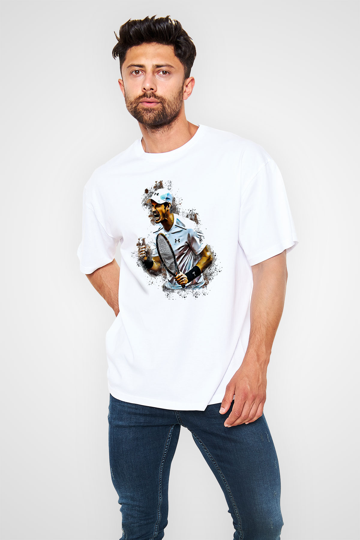 Andy Murray Baskılı Beyaz Unisex Oversize Tişört - Tshirt