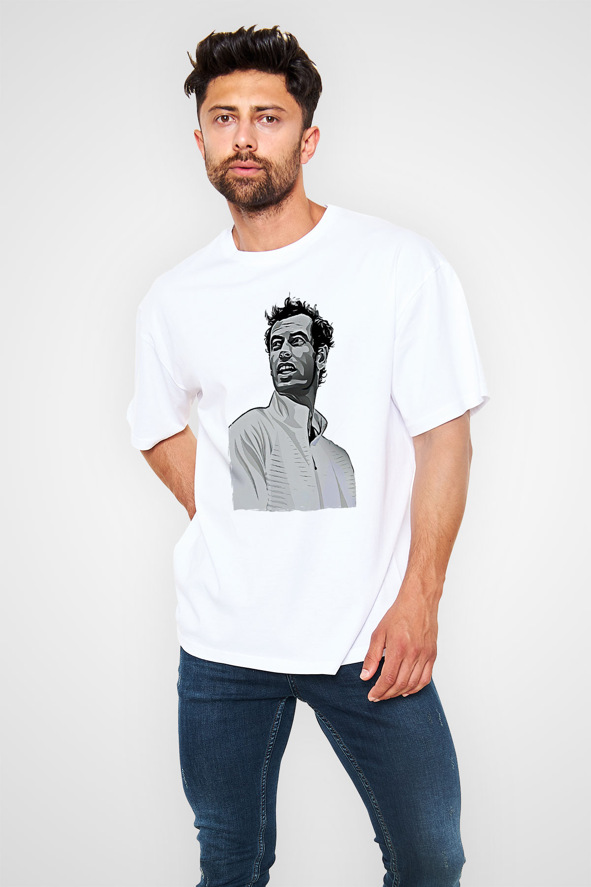 Andy Murray Baskılı Beyaz Unisex Oversize Tişört - Tshirt