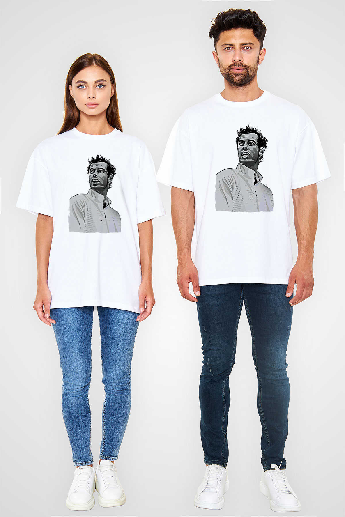 Andy Murray Baskılı Beyaz Unisex Oversize Tişört - Tshirt