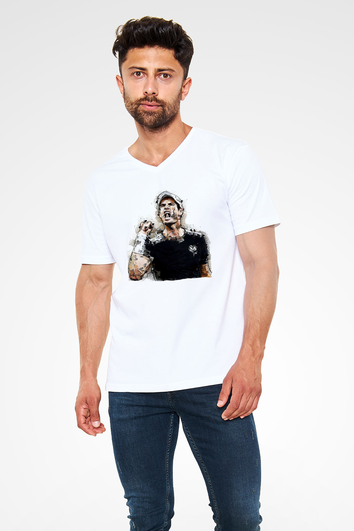 Andy Murray Baskılı Beyaz Unisex V Yaka Tişört - Tshirt
