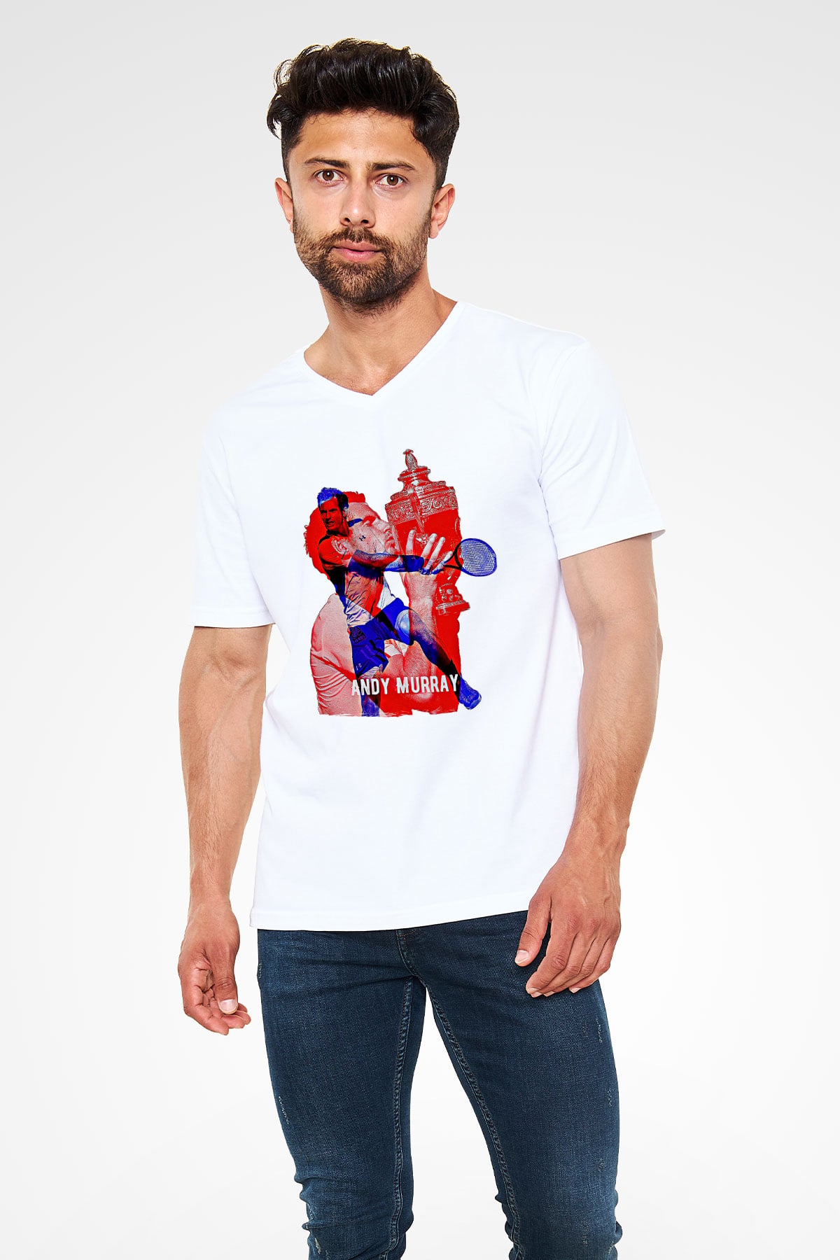 Andy Murray Baskılı Beyaz Unisex V Yaka Tişört - Tshirt