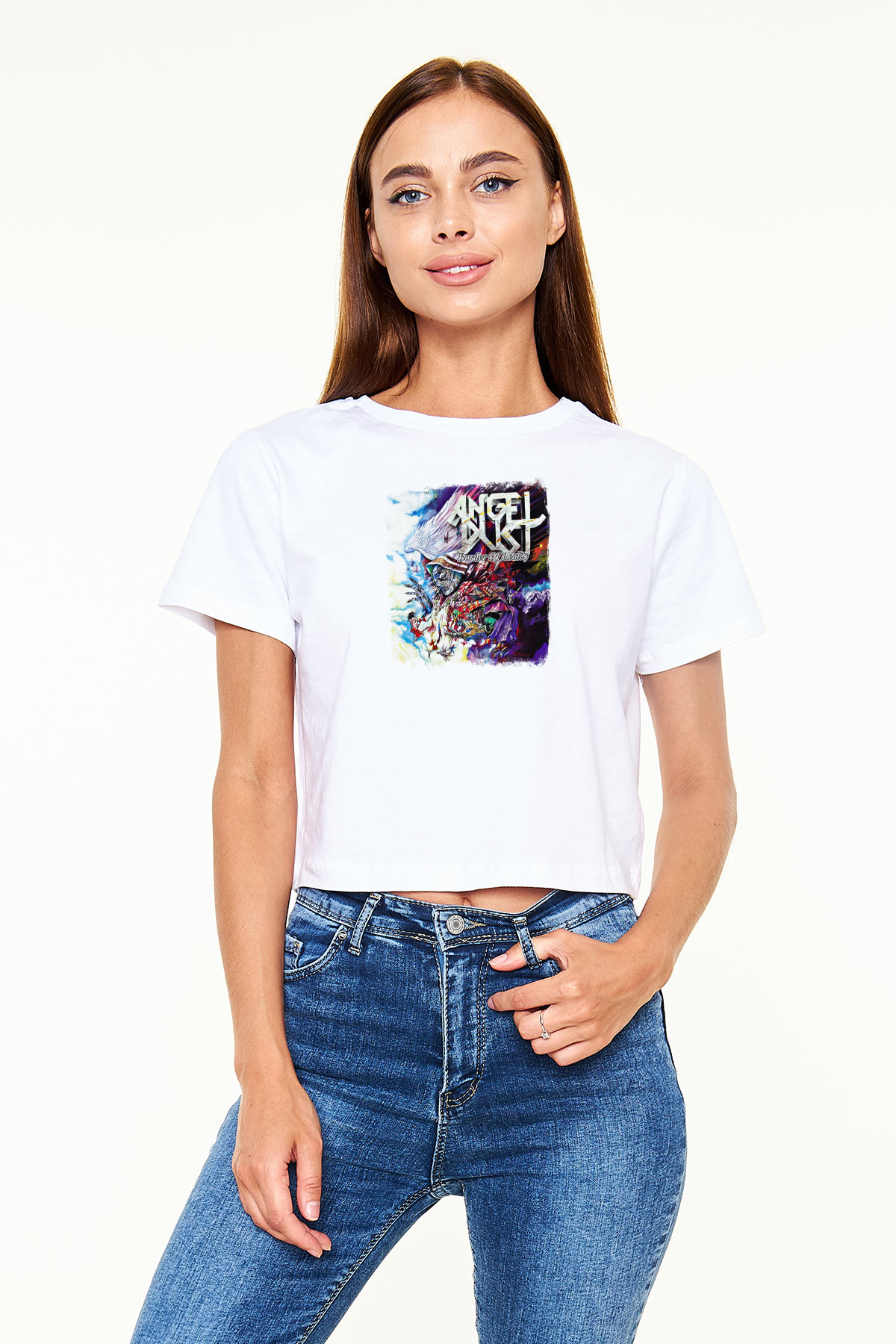 Angel Dust Baskılı Unisex Beyaz Crop Top Tişört