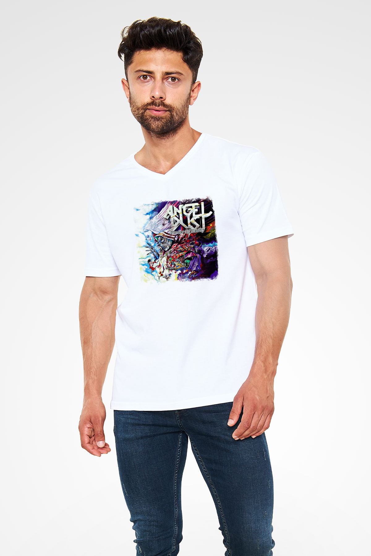 Angel Dust Baskılı Unisex Beyaz V Yaka Tişört