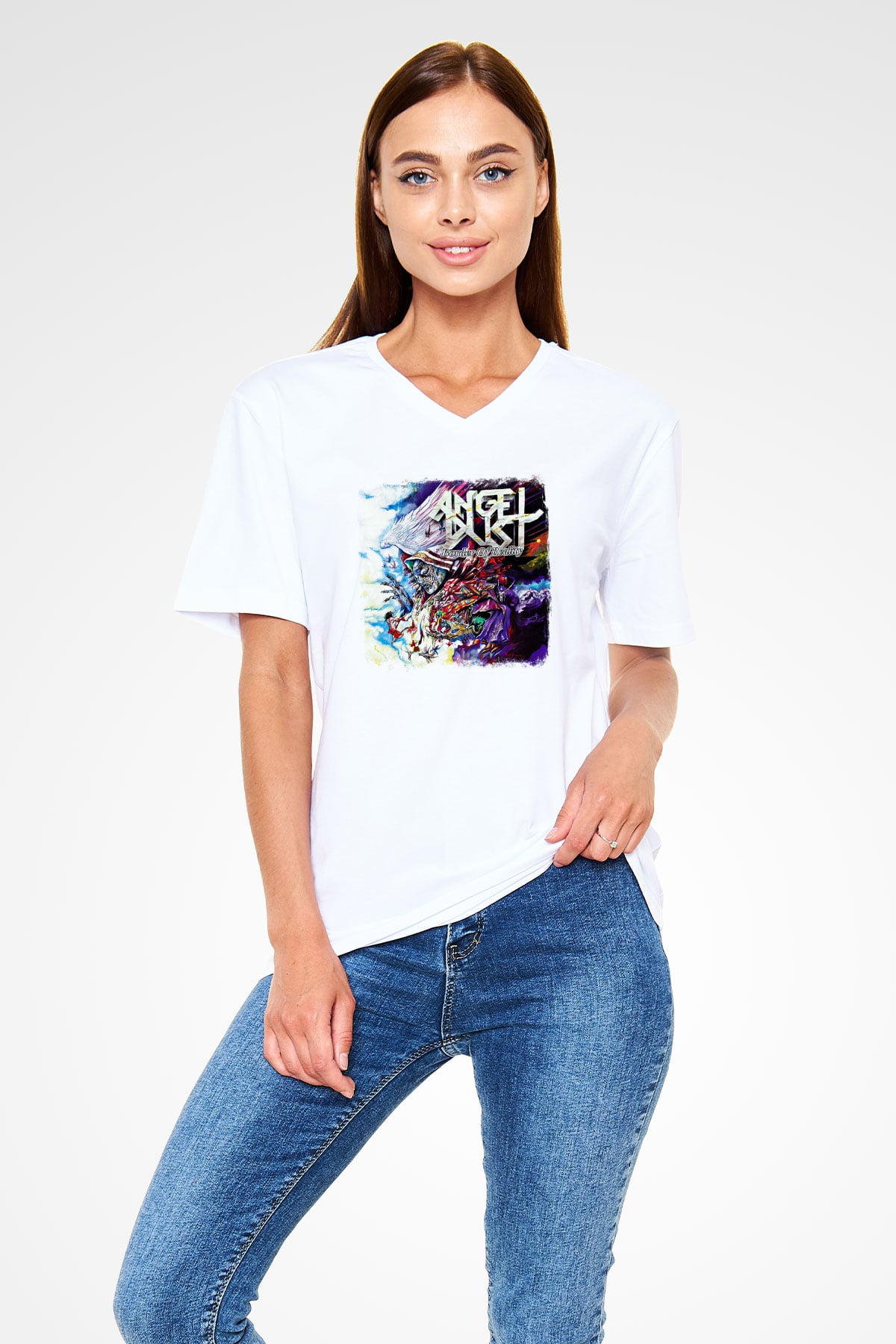 Angel Dust Baskılı Unisex Beyaz V Yaka Tişört