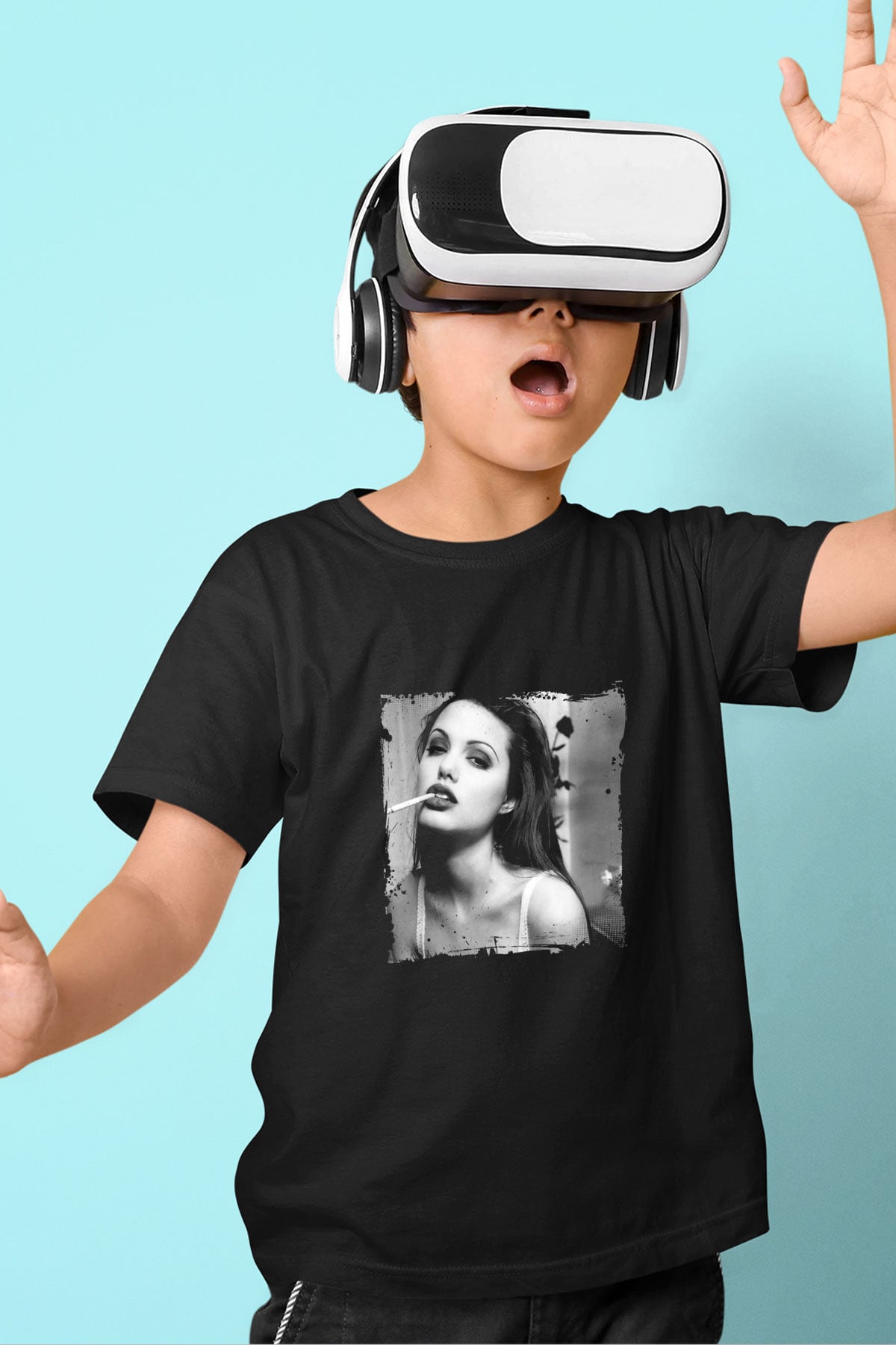 Angelina Jolie Baskılı Unisex Siyah Çocuk Tişört