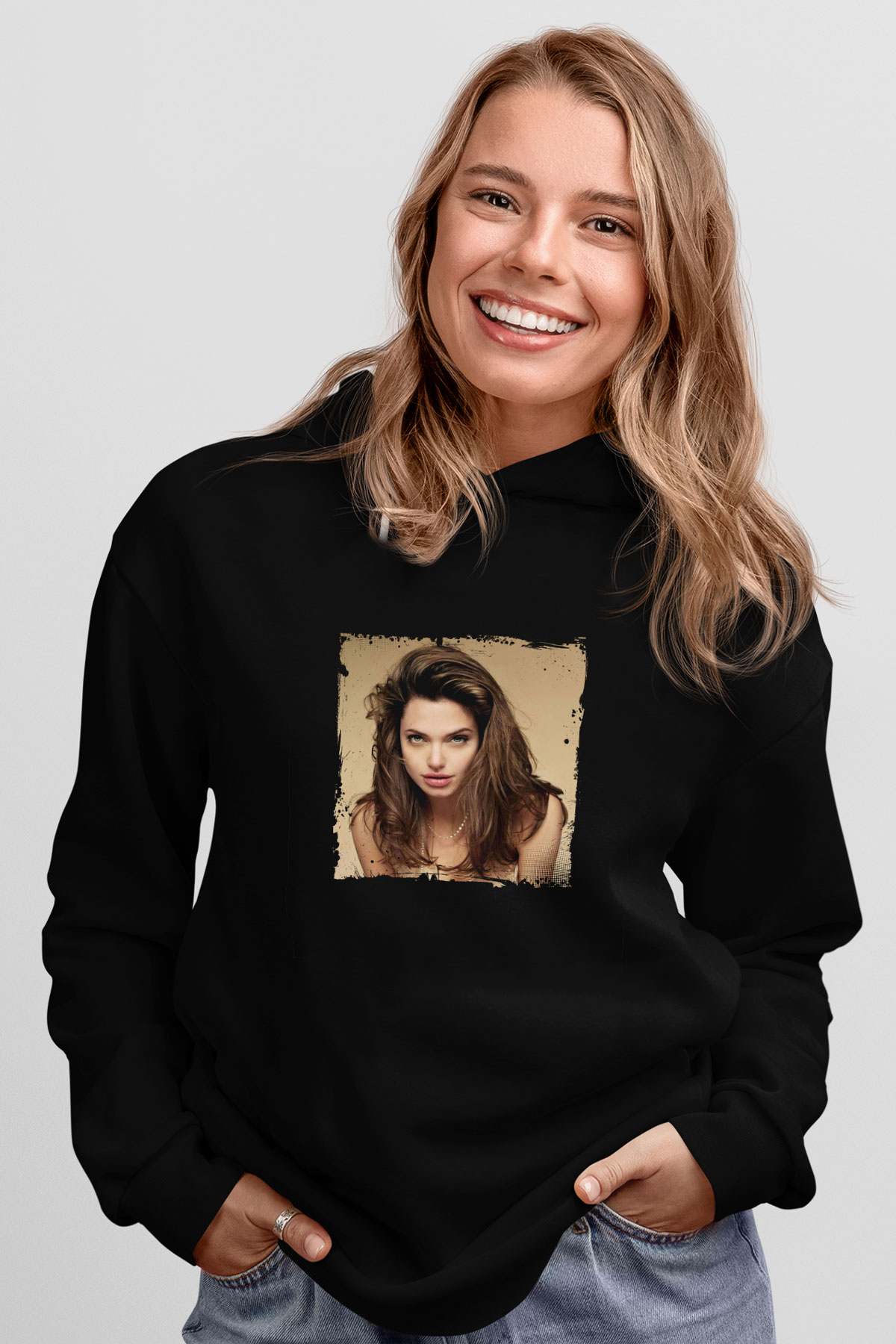 Angelina Jolie Baskılı Unisex Siyah Hoodie