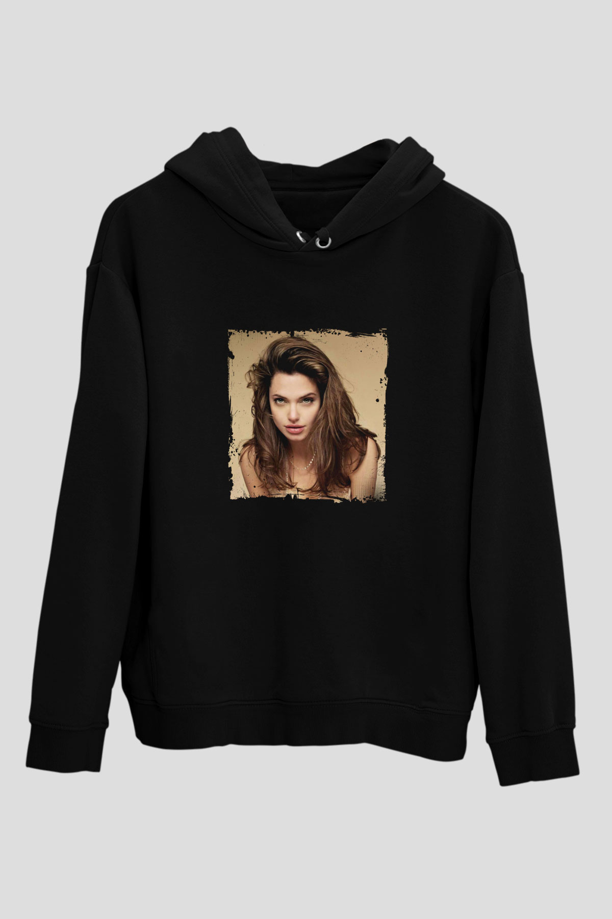 Angelina Jolie Baskılı Unisex Siyah Hoodie