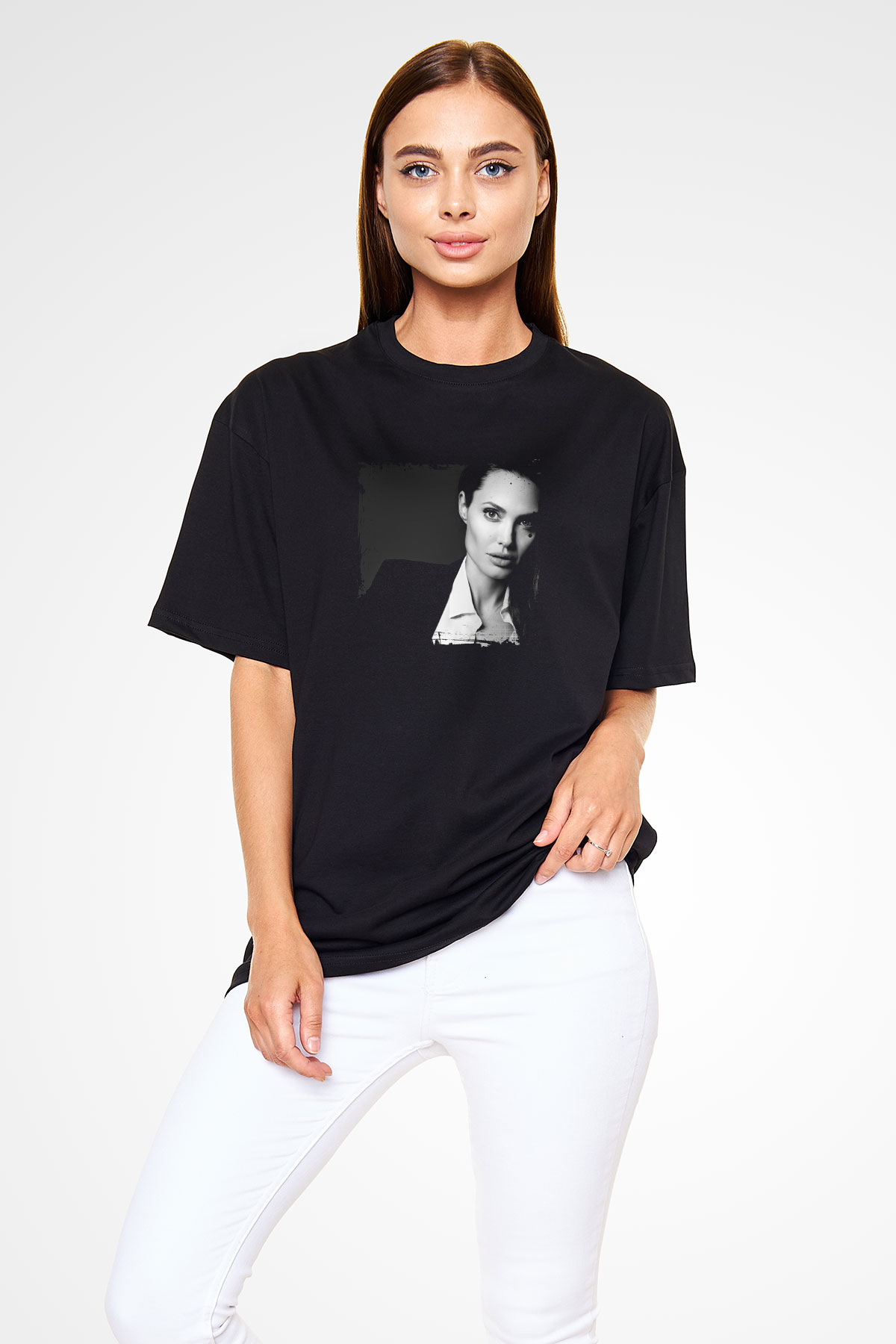 Angelina Jolie Baskılı Unisex Siyah Oversize Tişört