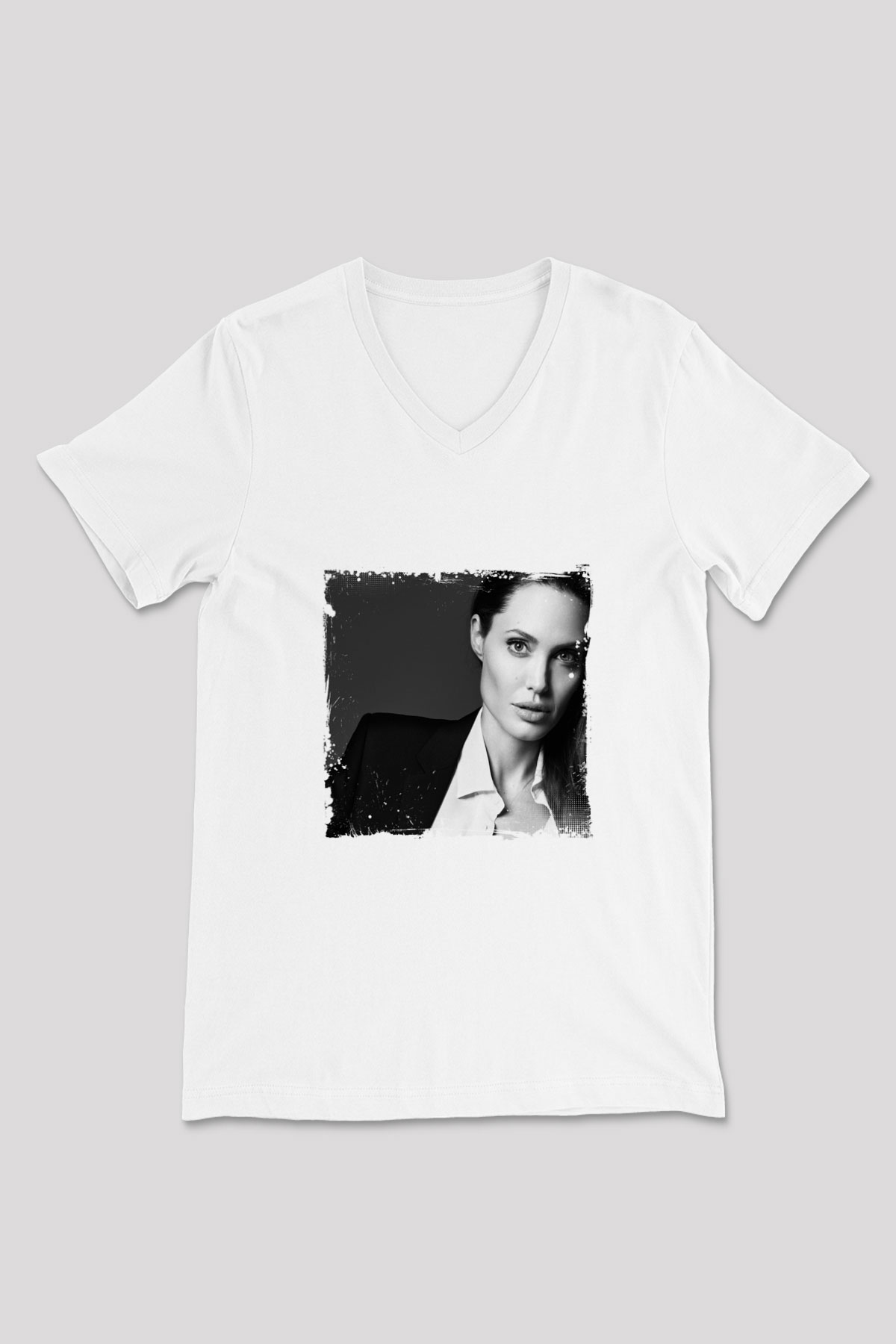 Angelina Jolie Baskılı V Yaka Unisex Beyaz Tişört