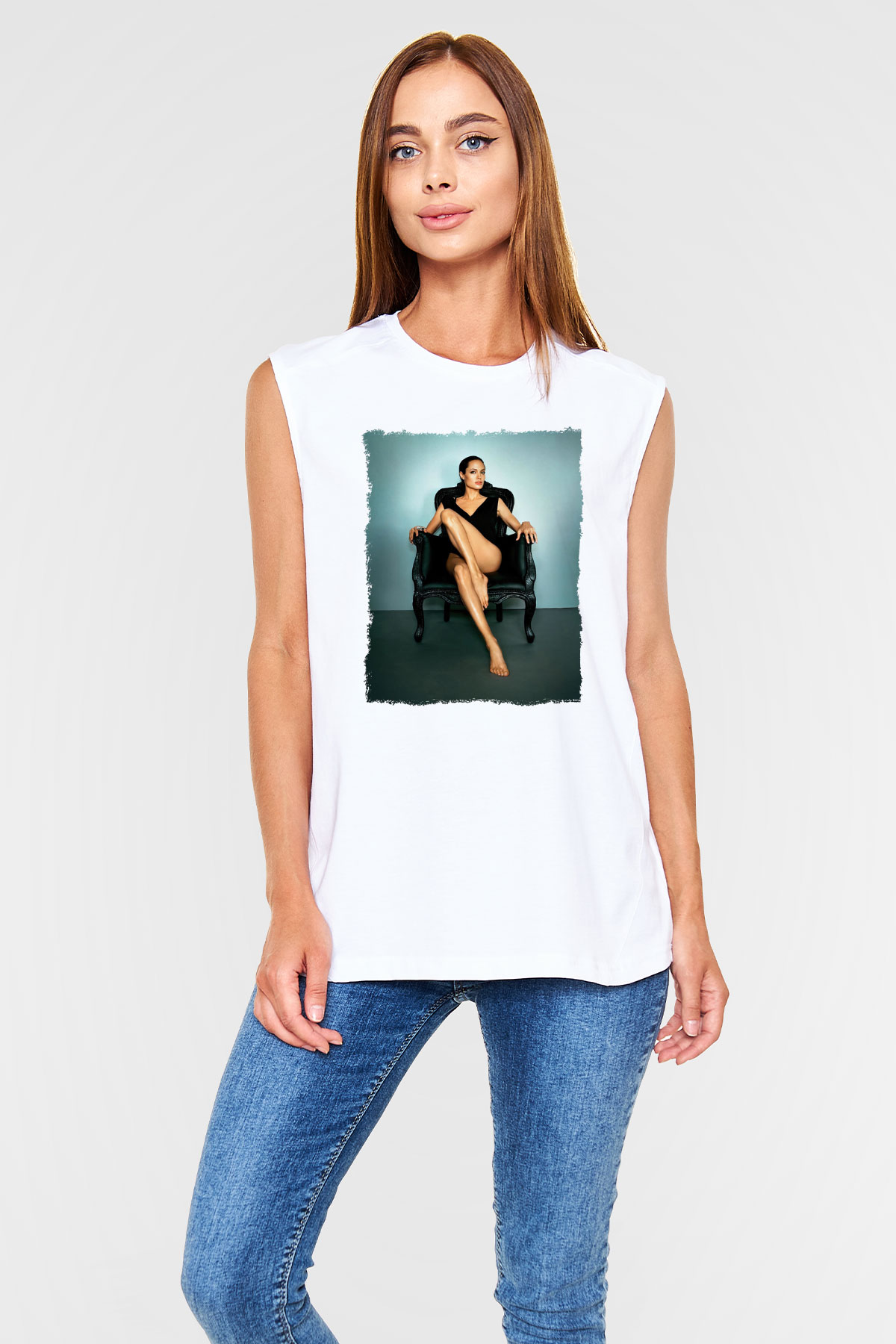 Angelina Jolie Beyaz Unisex Kolsuz Tişört