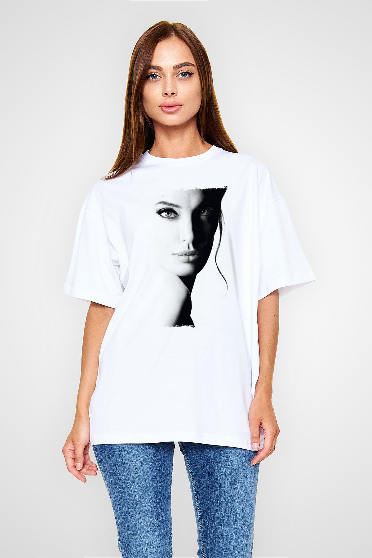 Angelina Jolie Beyaz Oversize Tişört Oversize T-shirt - TişörtFabrikası
