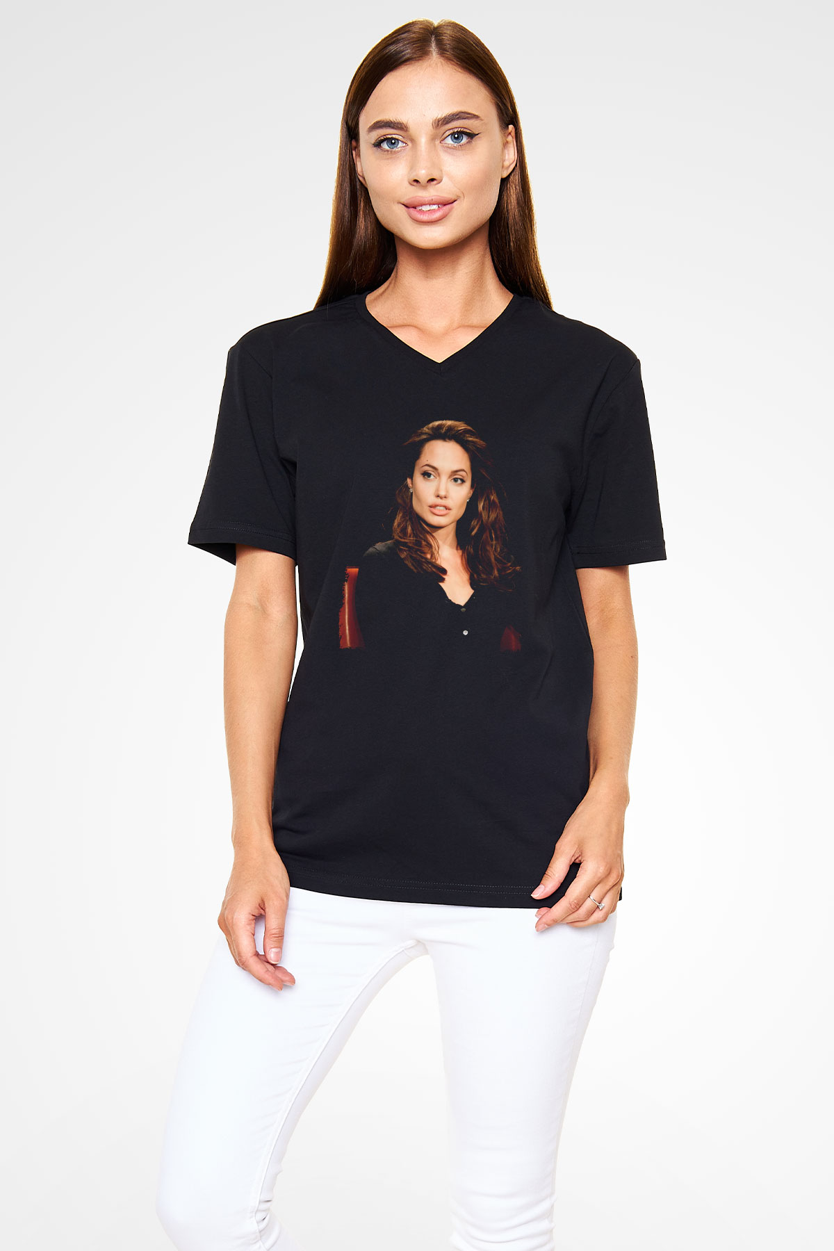 Angelina Jolie Siyah Unisex V Yaka Tişört