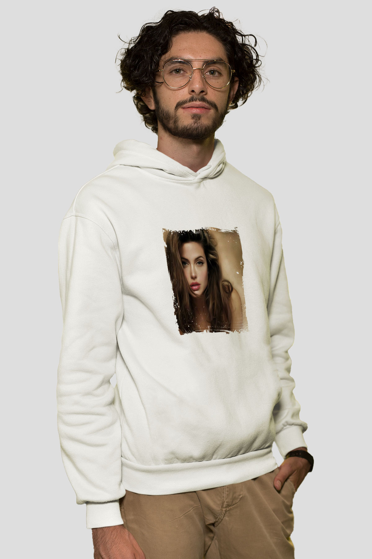 Angelina Jolie Unisex Baskılı Beyaz Kapüşonlu Sweatshirt