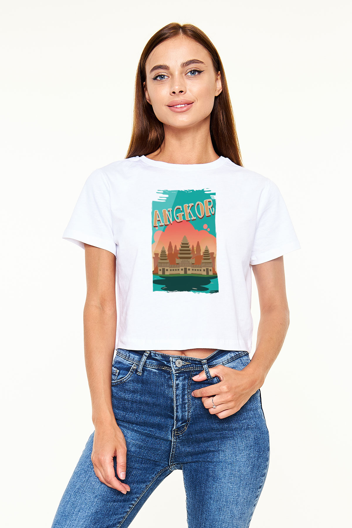 Angkor Vat Beyaz  Crop Top Tişört