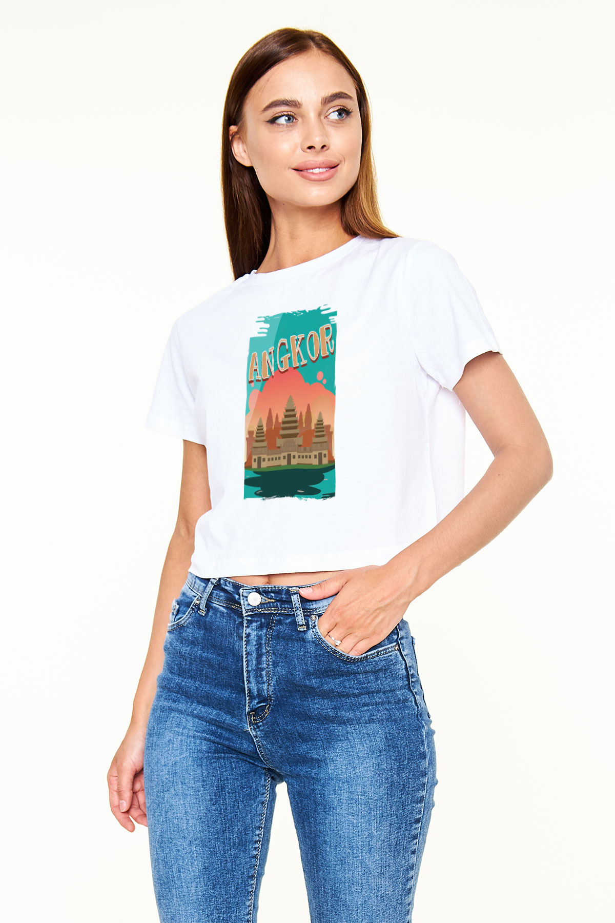 Angkor Vat Beyaz  Crop Top Tişört