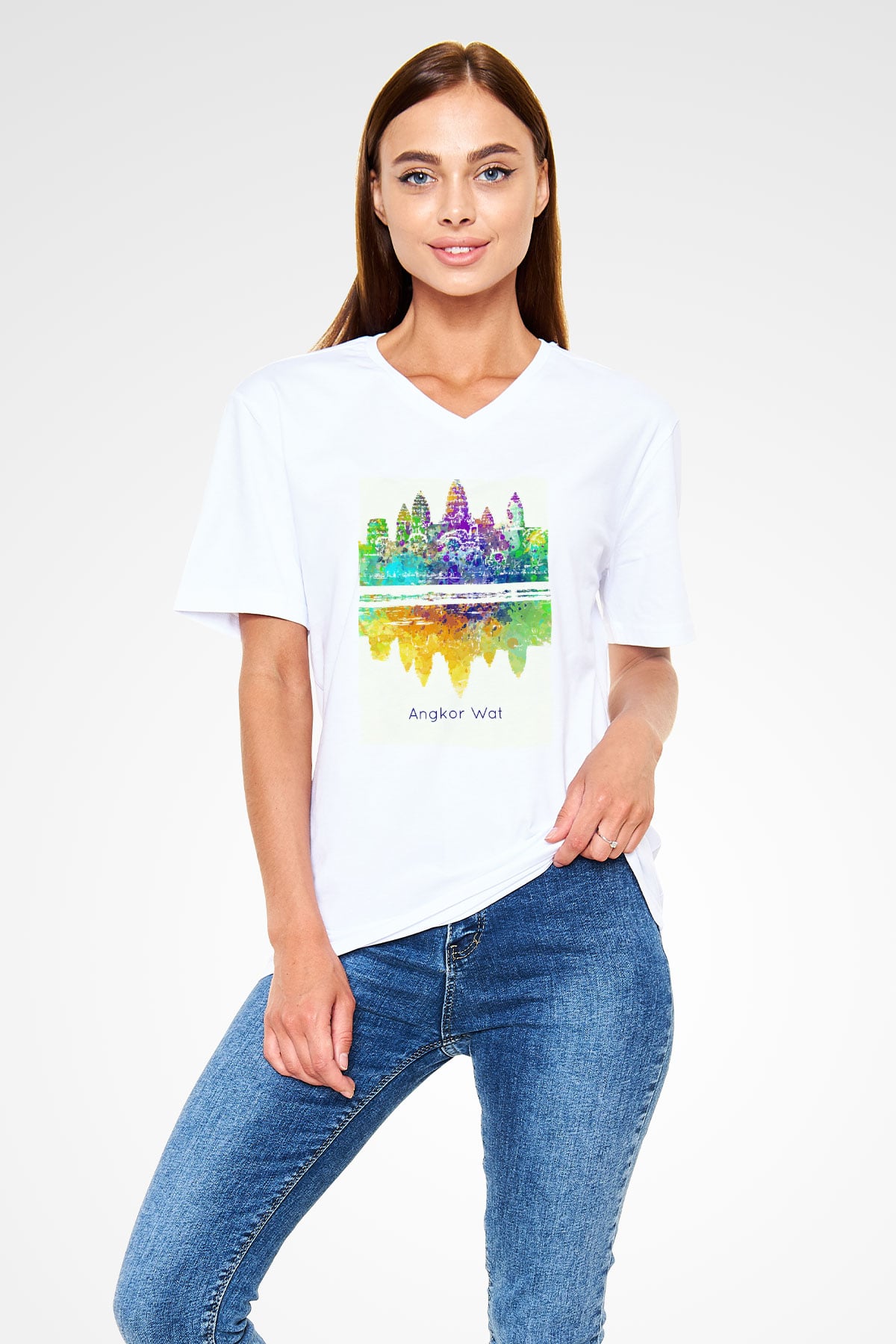 Angkor Vat Beyaz Unisex V Yaka Tişört