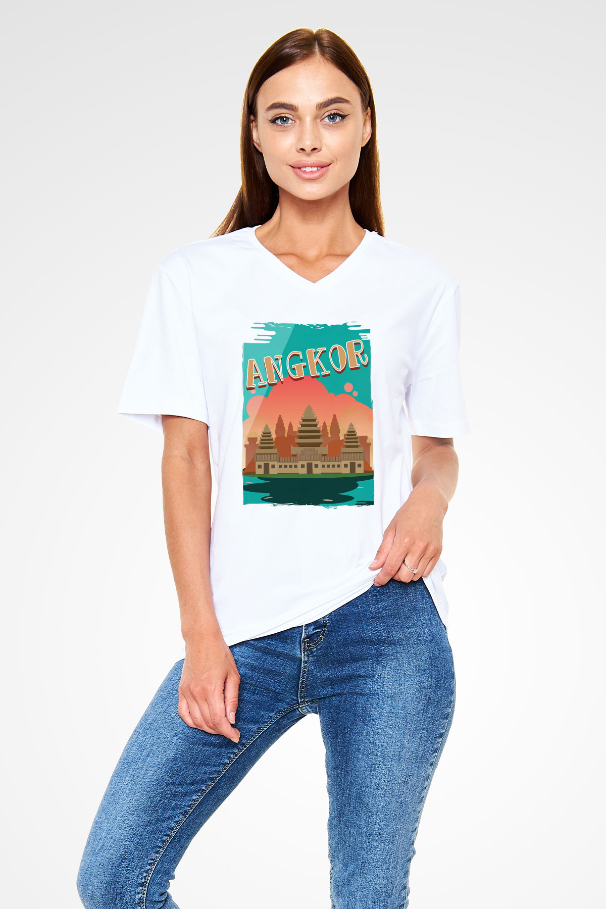 Angkor Vat Beyaz Unisex V Yaka Tişört