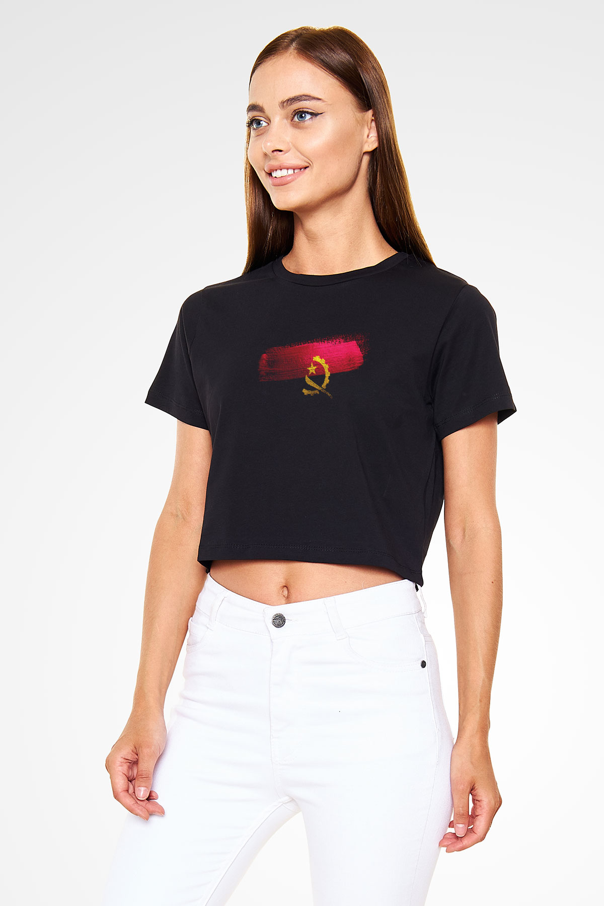 Angola Bayrağı Baskılı Kadın Crop Top Siyah Tişört