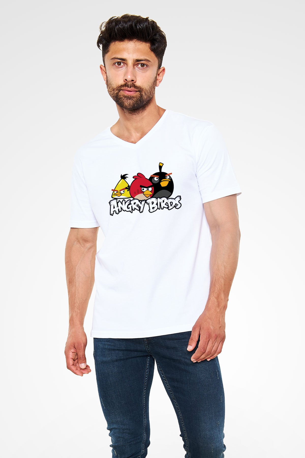 Angry Birds Beyaz Unisex V Yaka Tişört T-Shirt