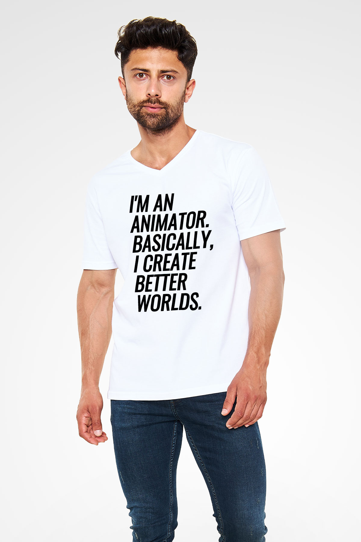 Animatör Beyaz Unisex V Yaka Tişört