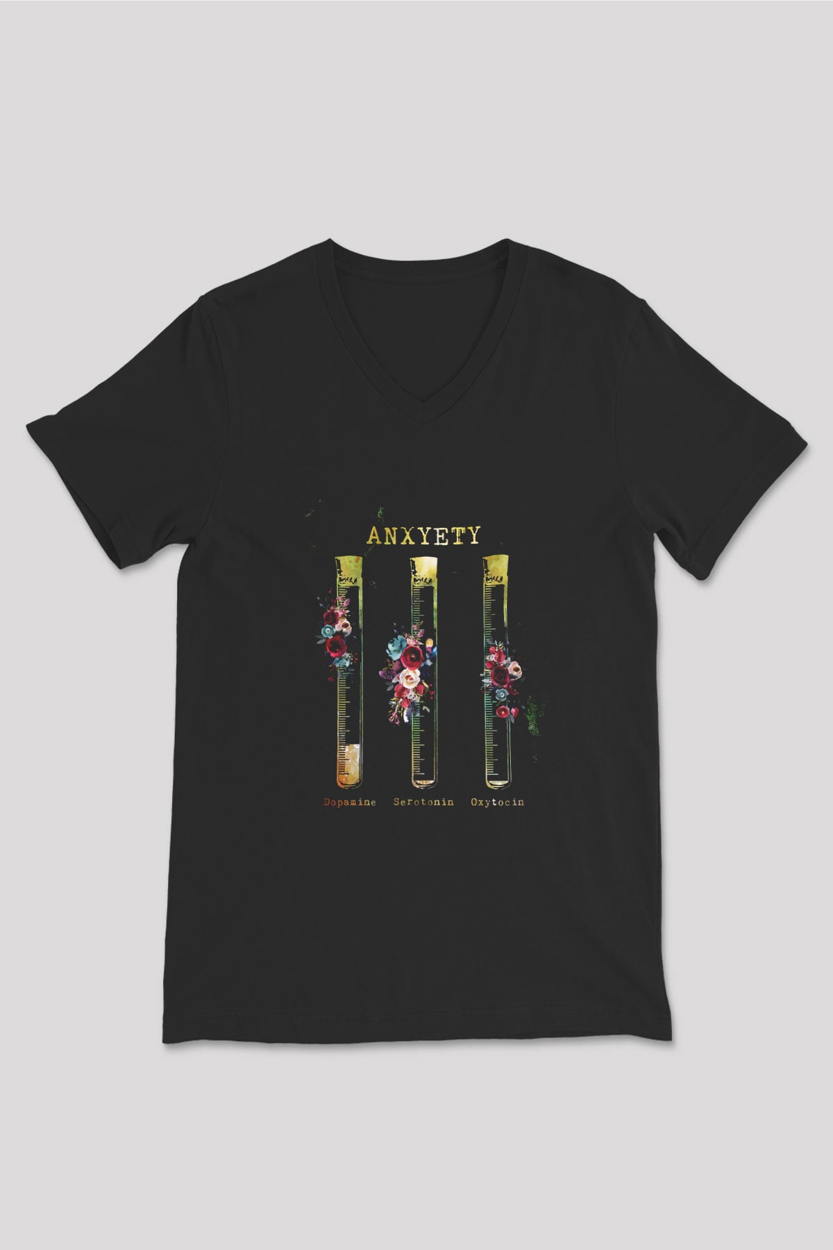 Anksiyete Formülü Hormonlar Baskılı Unisex V Yaka Siyah Tİşört - Tshirt