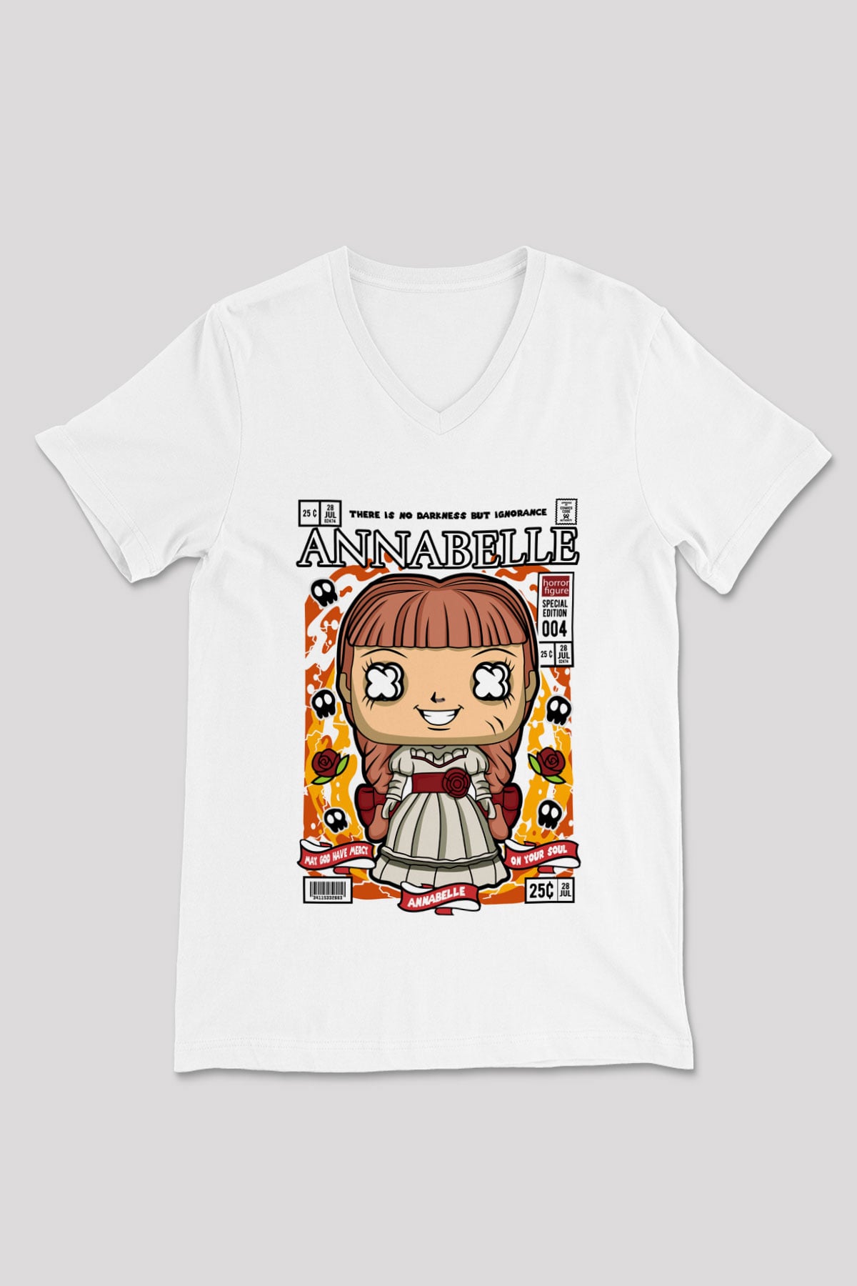 Annabelle Baskılı Unisex Beyaz V Yaka Tişört
