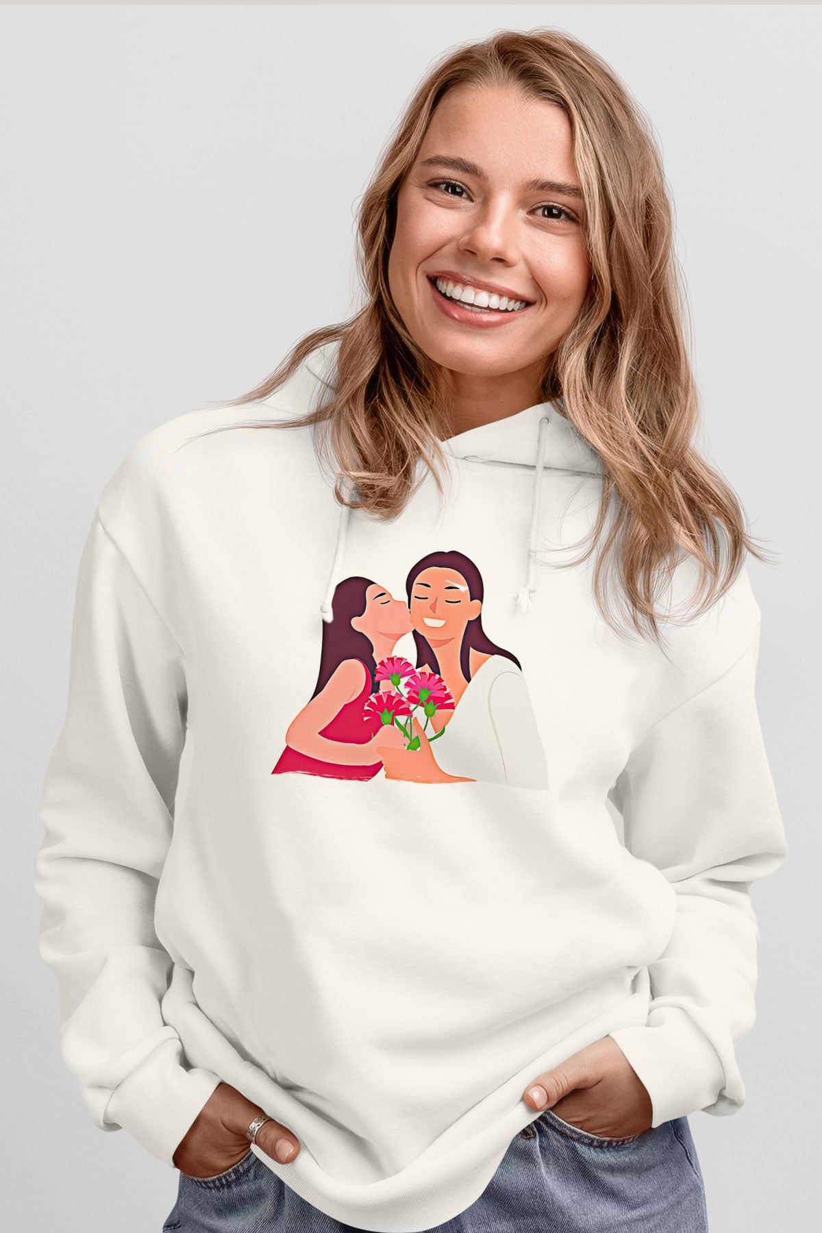 Anneler Günü Baskılı Beyaz Unisex Hoodie