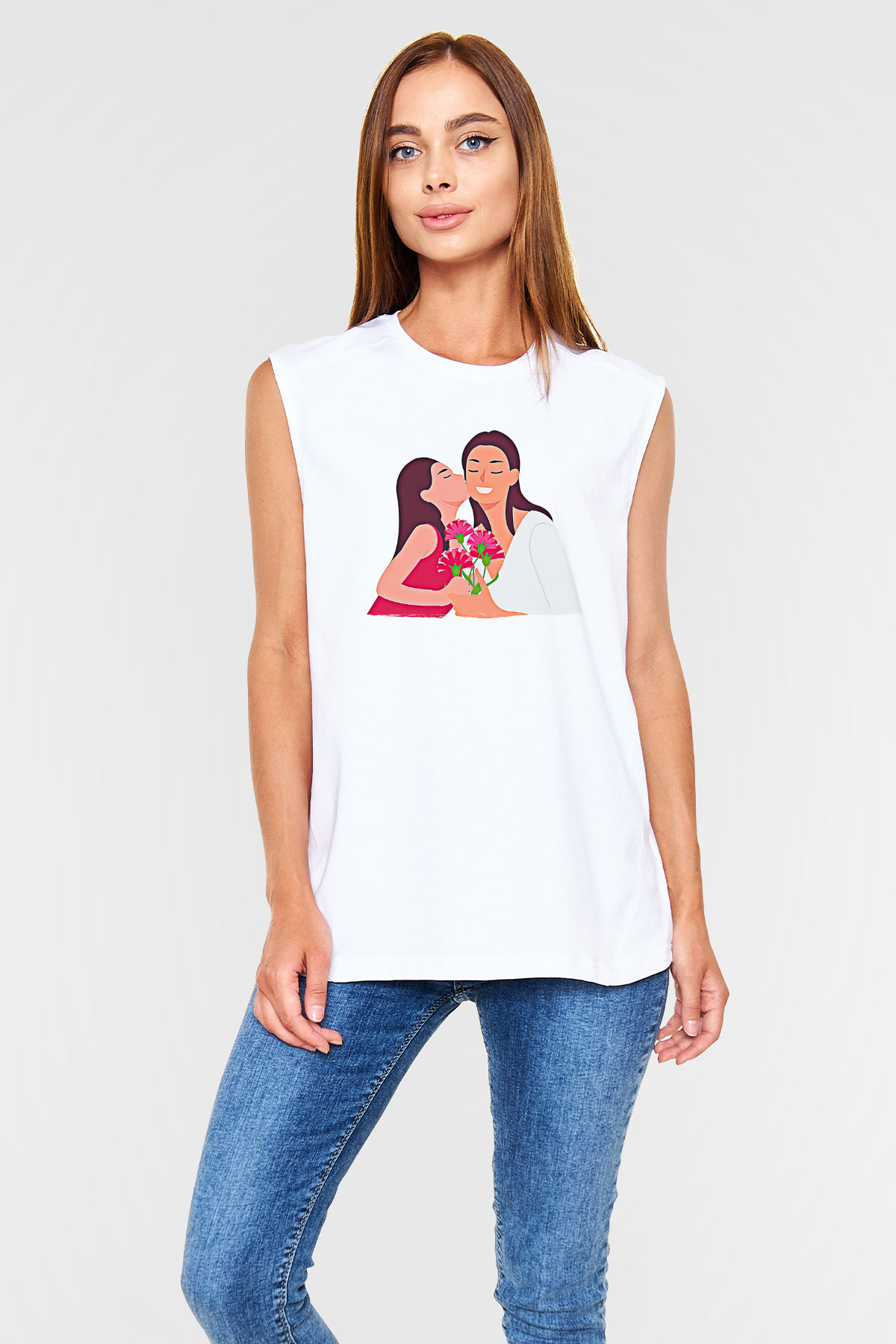 Anneler Günü Baskılı Beyaz Unisex Kolsuz Tişört - Tshirt