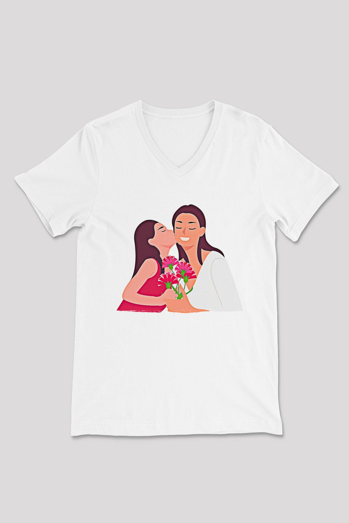 Anneler Günü Baskılı Beyaz Unisex V Yaka Tişört - Tshirt