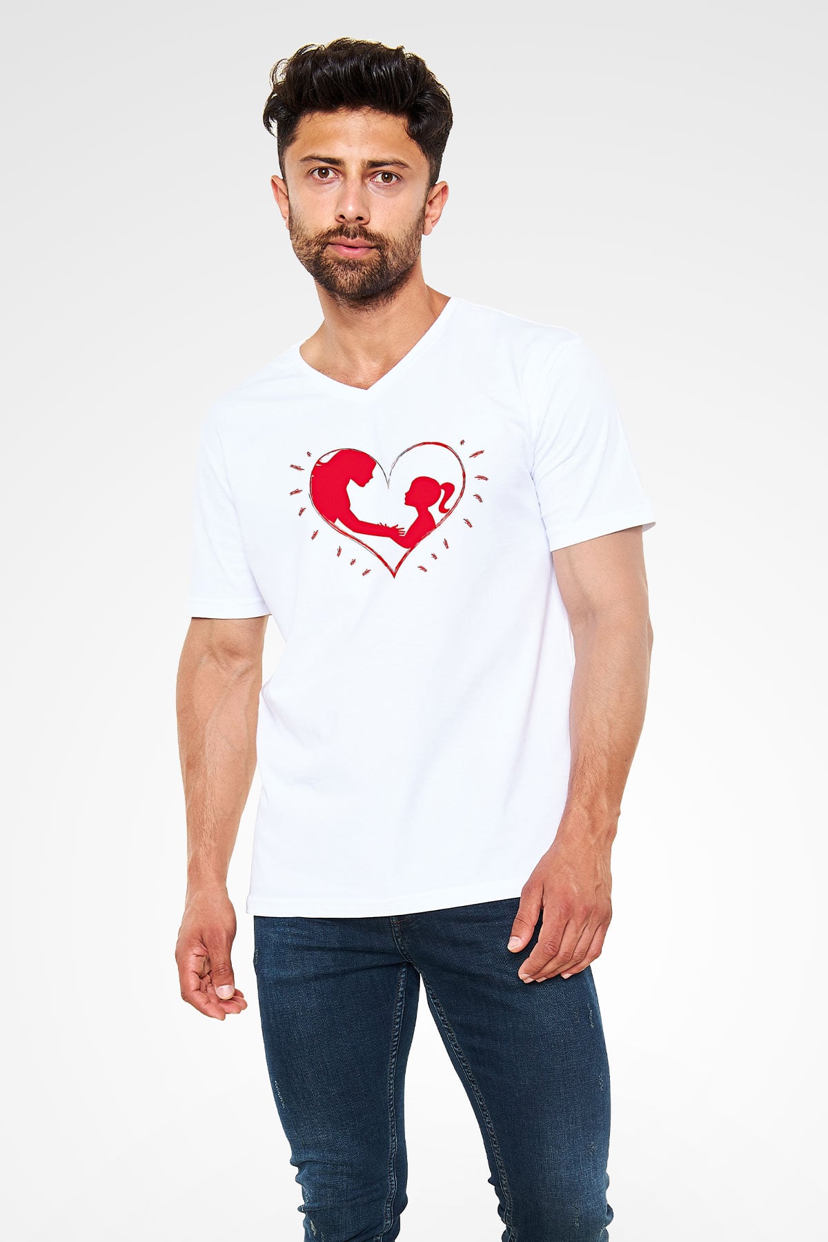 Anneler Günü Baskılı Beyaz Unisex V Yaka Tişört - Tshirt